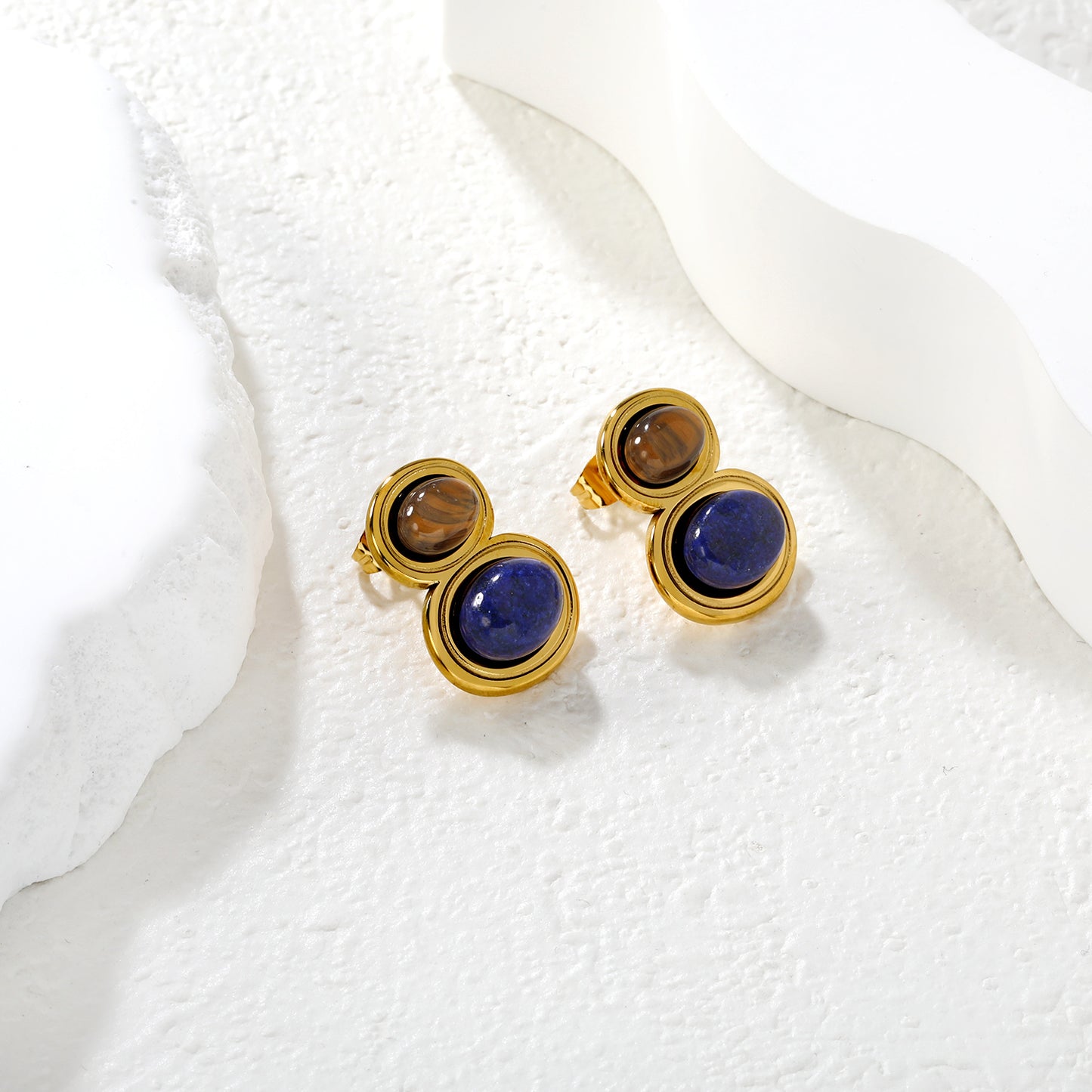 Wholesale Blue Brown Tiger's Eye Earrings | Waterproof Hypoallergenic Stainless Steel Jewelry for Women