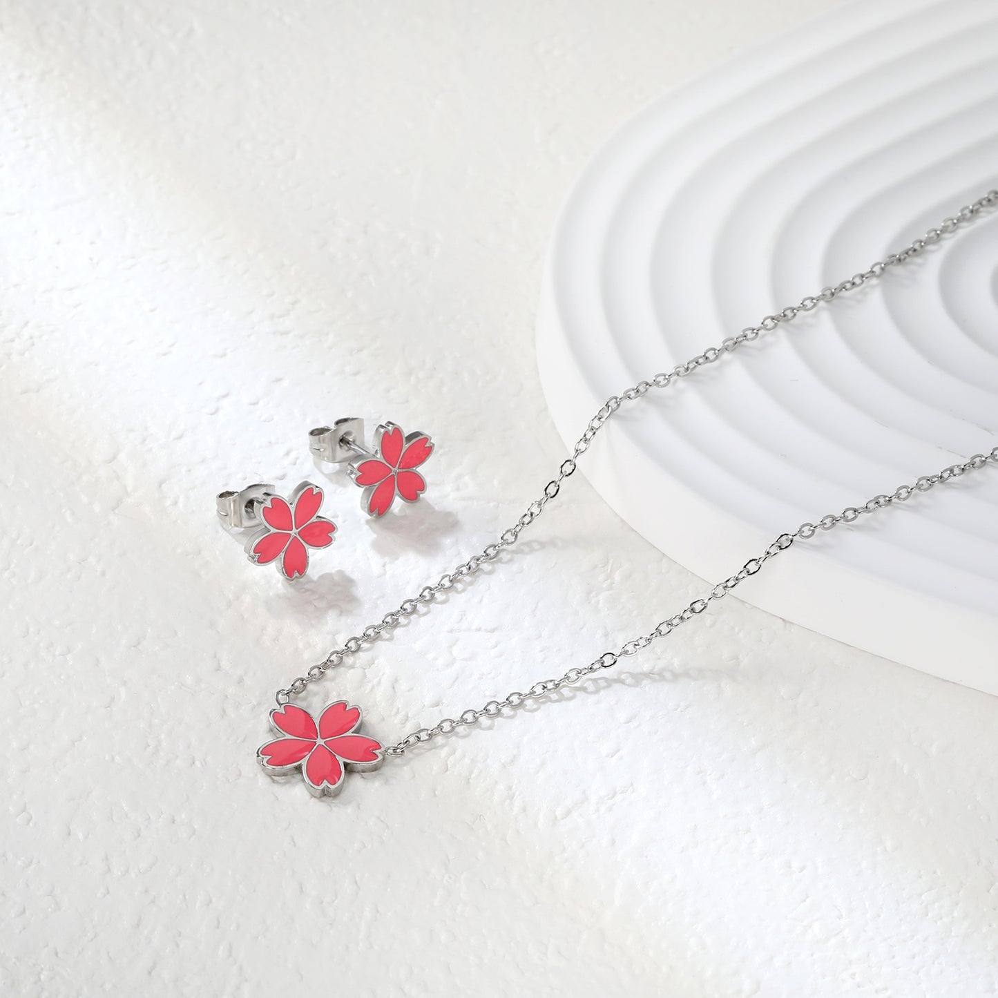 10mm Cherry Blossom Pink Enamel Stud Earrings + 12.5mm Pendant Set - 0.3mm Cross Chain (45+5cm) & 6mm Tag - Stainless Steel Wholesale Jewelry