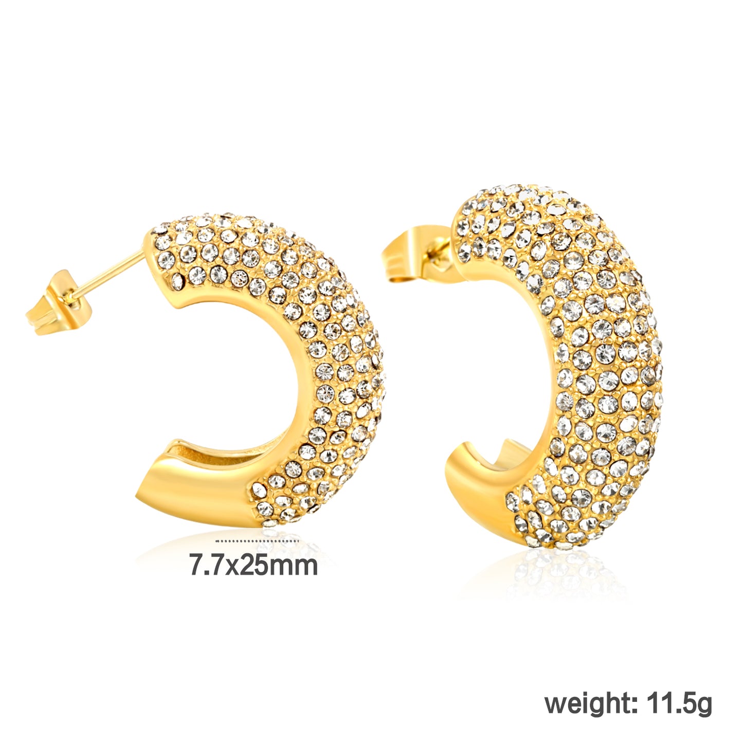 7.7*25mm C Shape Hoop Earrings Piercing Women Gold Plated Copper Cubic Zirconia Jewelry