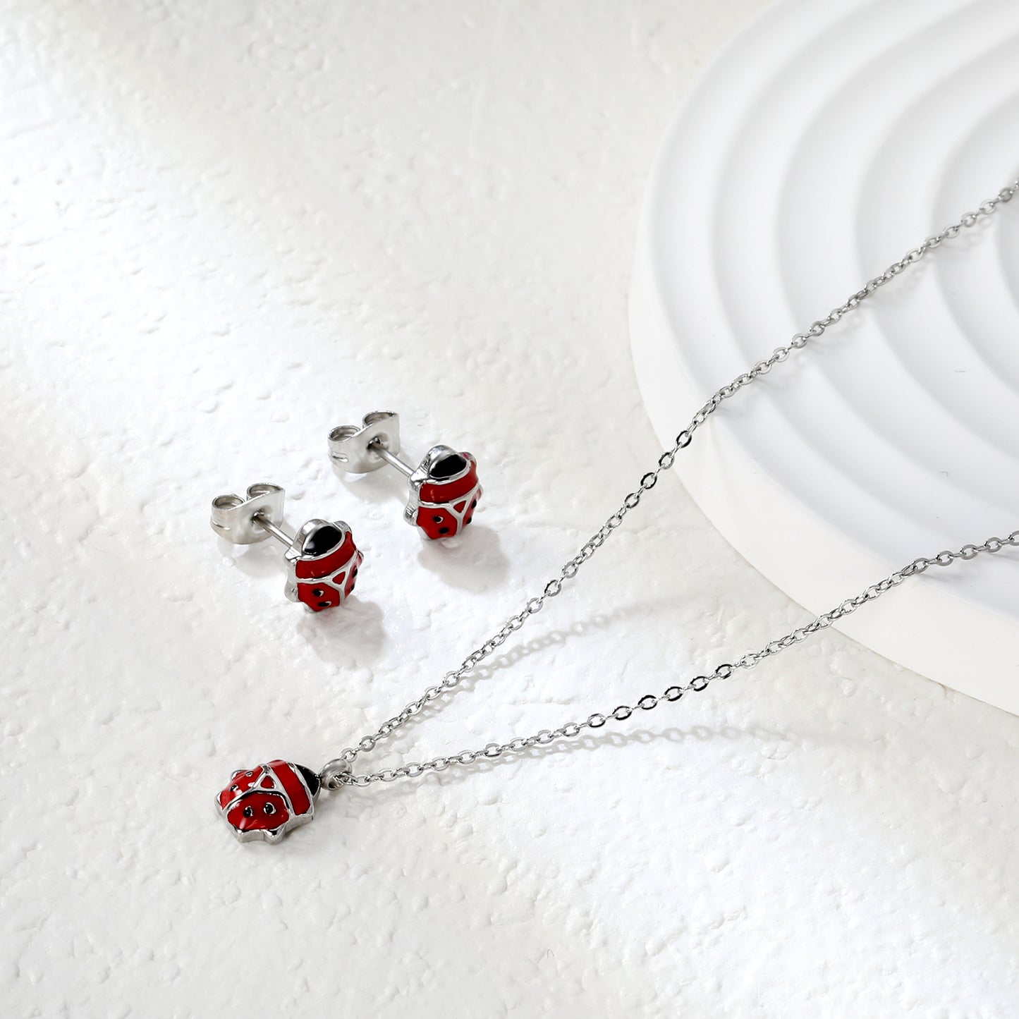 Wholesale Cute Ladybug Set - Stainless Steel Earrings & Pendant Necklace (4g) | Spring-Summer Bulk Collection