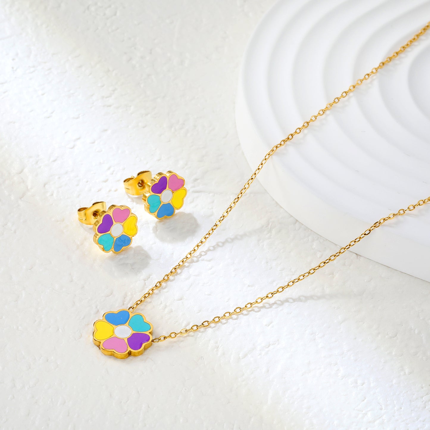 Bulk Colorful Flower Set Gold-Tone Stainless Steel Earrings & Necklace (4.3g) | Spring-Summer Wholesale Collection