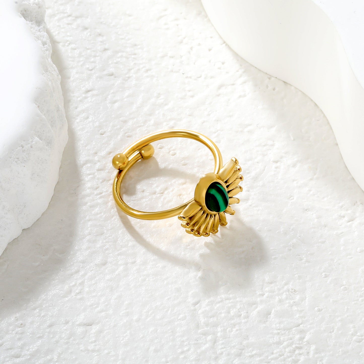 Wholesale Adjustable Sunflower Ring | Malachite Gemstone & Stainless Steel | Waterproof Hypoallergenic Jewelry