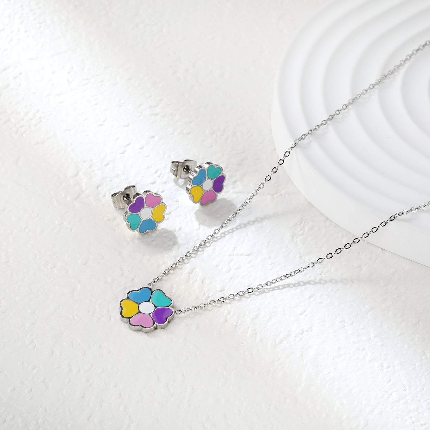 Bulk Colorful Flower Set Gold-Tone Stainless Steel Earrings & Necklace (4.3g) | Spring-Summer Wholesale Collection