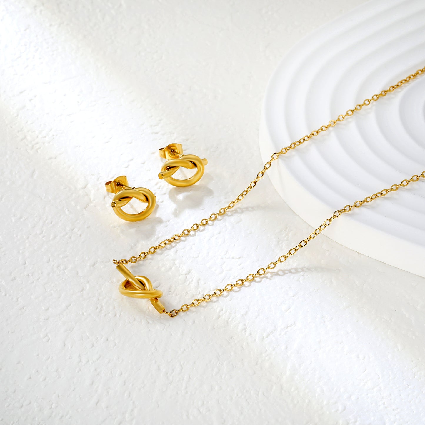 ✨ Dainty Knot Stud Earrings & Necklace Set Wholesale 8.6mm Gold Jewelry | Adjustable 42+5cm Thin Chain | Stainless Steel Bulk