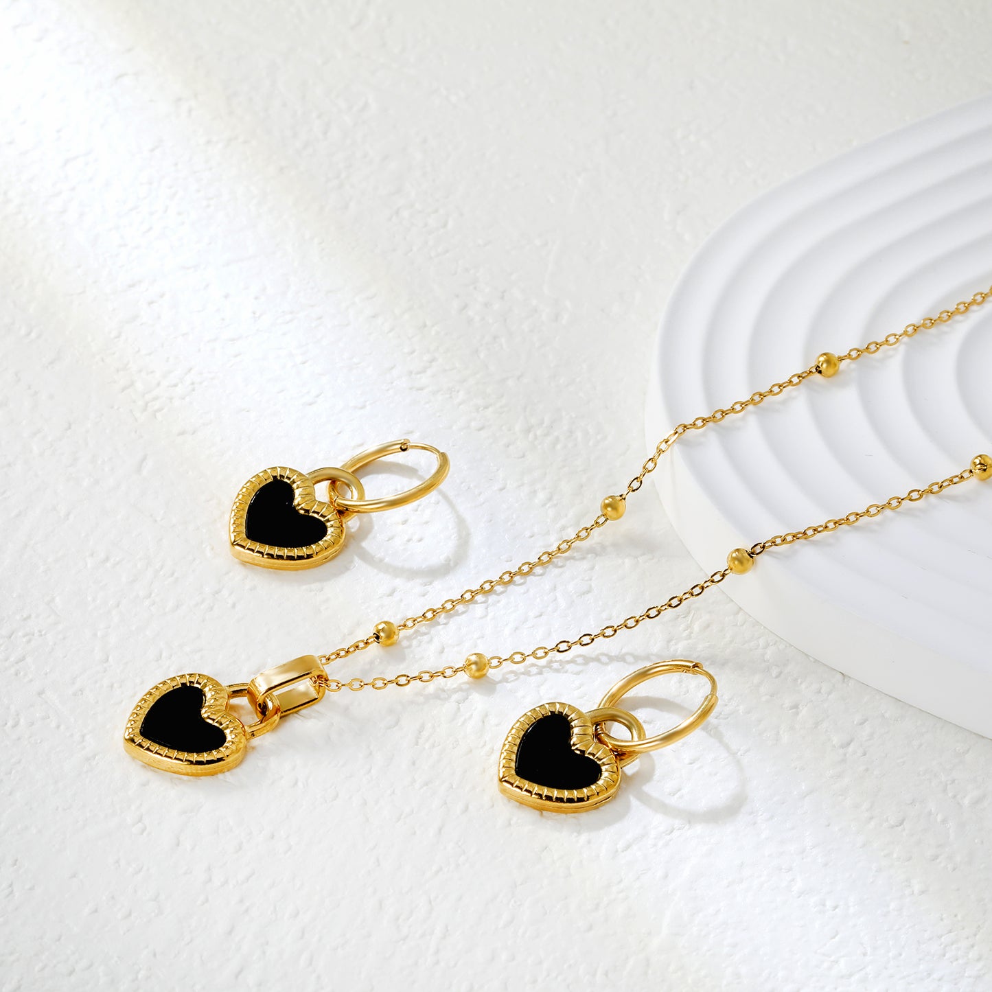 ✨ Wholesale Black Shell Heart Earrings & Pendant Set 13.9x18.1mm | 47+5cm Chain | Stainless Steel Jewelry Bulk Order