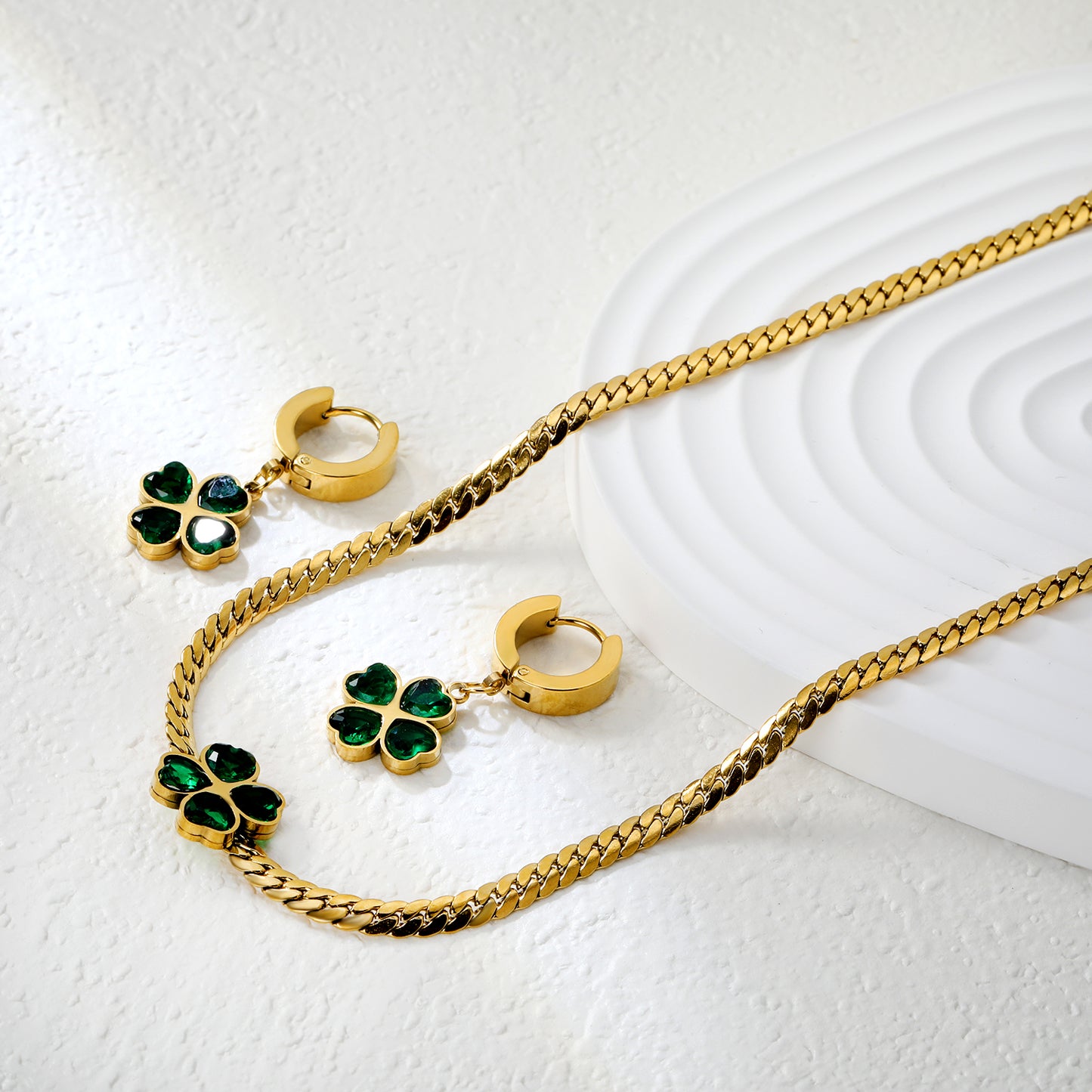 Wholesale Stainless Steel Clover Zircon Jewelry Set - Gold Earrings (13.4x13.6mm) & Pendant (12.1x12.1mm) with 3.8mm Dragon Chain 40+5cm