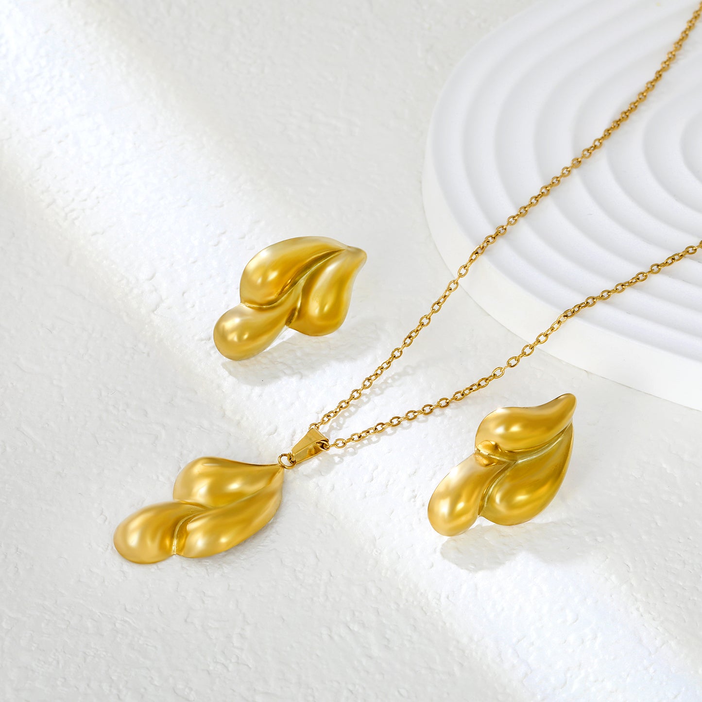 Wholesale Stainless Steel 3D Teardrop Jewelry Set - Gold Earrings (17.9x29.5mm) & Pendant (17.4x30.2mm) with 42+5cm Cross Chain