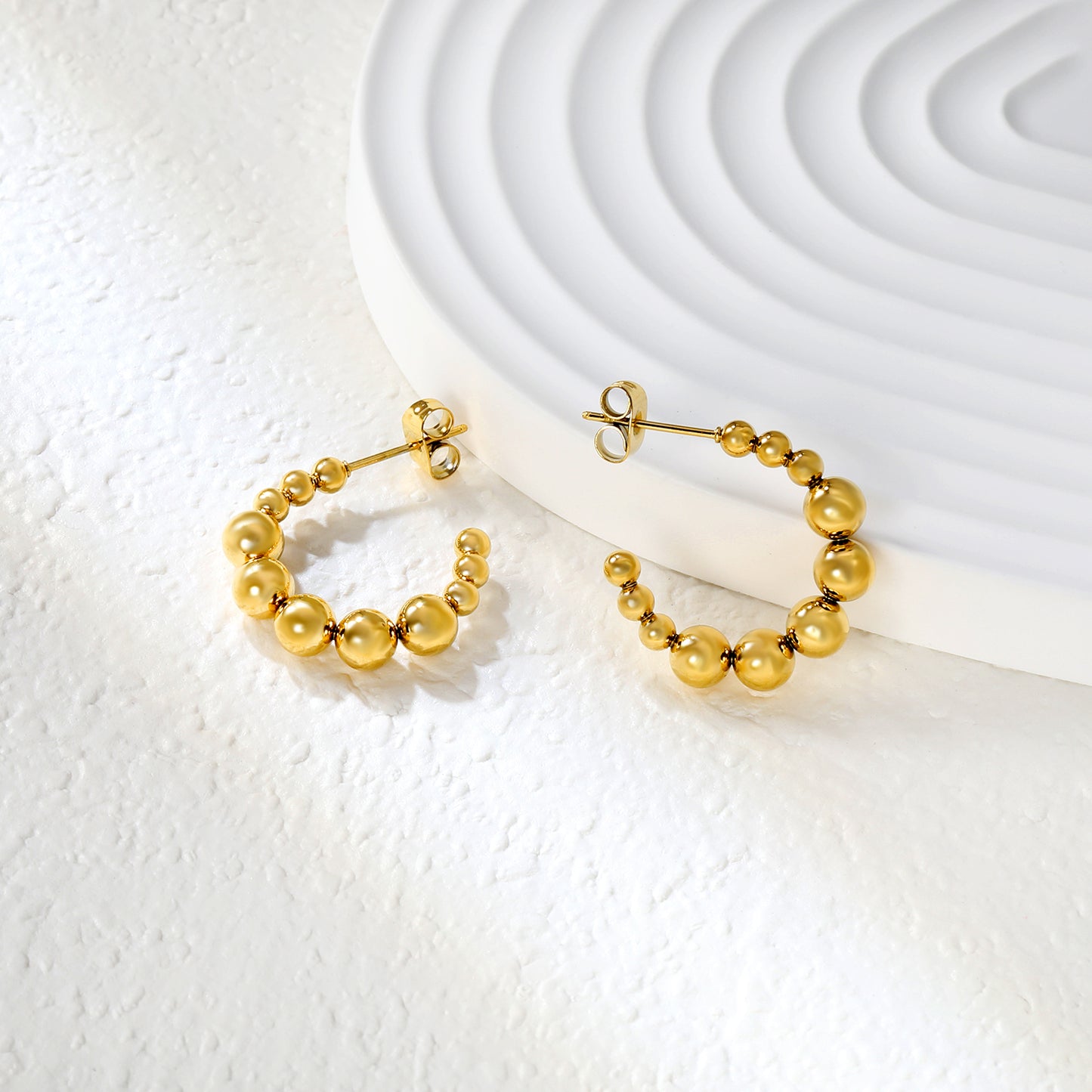 Wholesale Gold Stainless Steel Open Hoop Earrings | 5mm Half-Round Bead Detail | 14.1mm Spring Lever Back | Bulk Fashion Earrings for Retailers