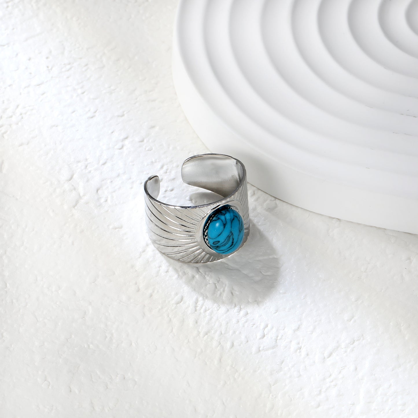 Stainless Steel Blue Turquoise Open Rings in Steel Color - 14.2mm Height, Wholesale Offer