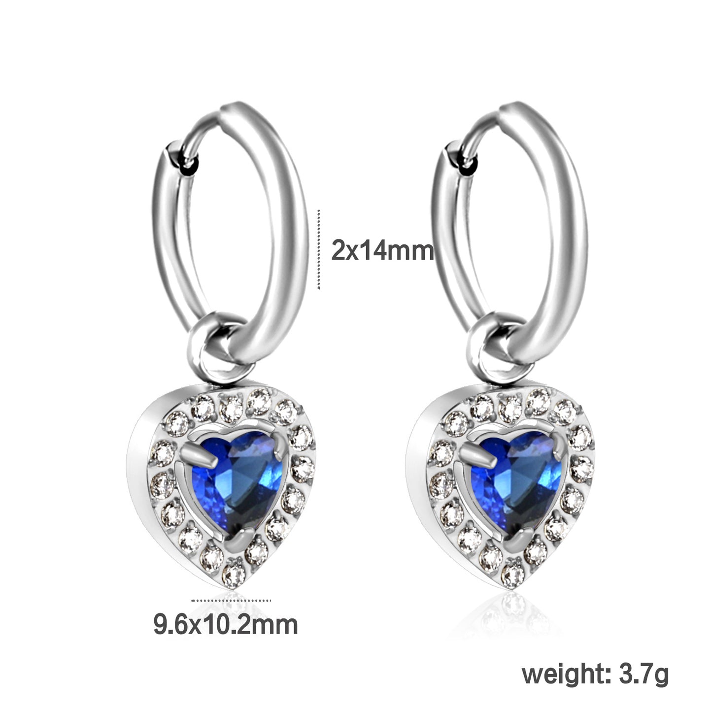 2*14mm Stainless Steel PVD 18k gold/Steel Earrings + 9.6*10.2mm blue zirconium heart shaped earrings gold color