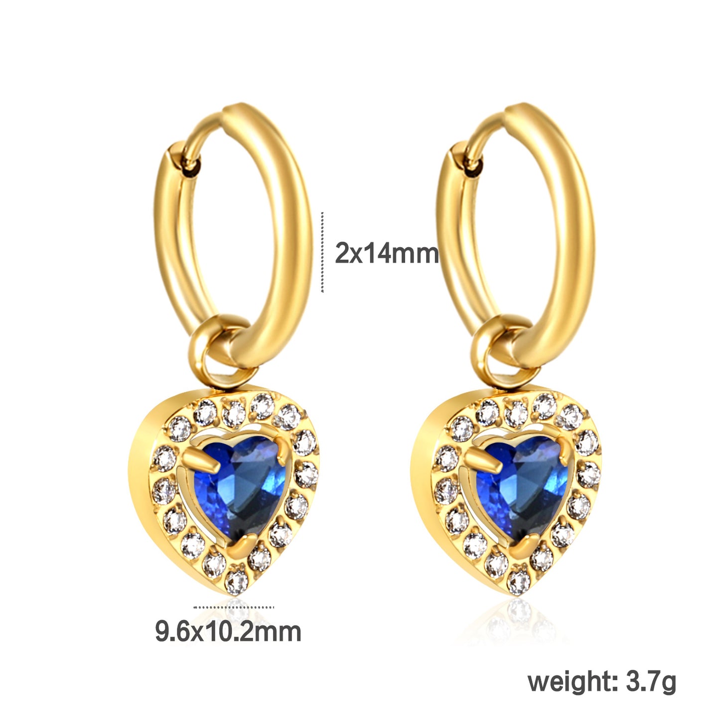 2*14mm Stainless Steel PVD 18k gold/Steel Earrings + 9.6*10.2mm blue zirconium heart shaped earrings gold color