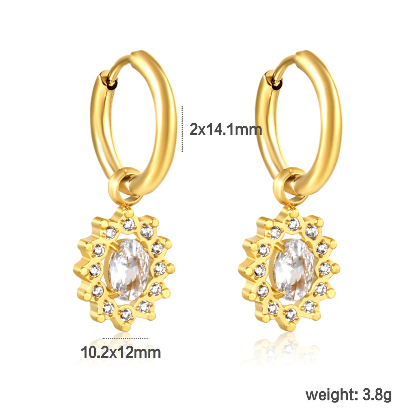 2*14.1mm PVD 18k gold earrings + 10.2*12mm white zirconium orbicular shaped earrings gold color