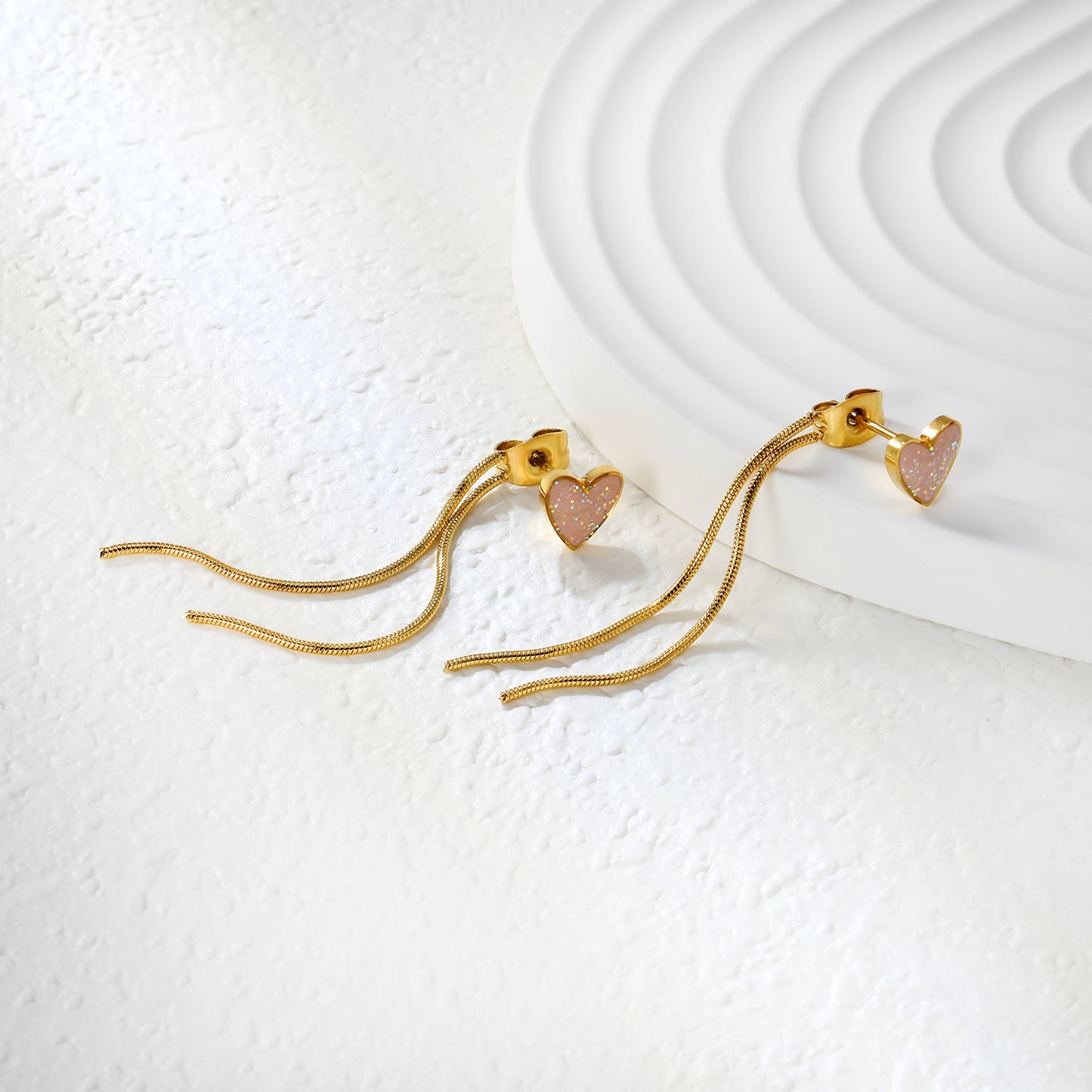 ✨ Trendy Tassel Heart Earrings Wholesale Pink Enamel & Gold Chain | Lightweight 1.7g | Hypoallergenic Ear Jewelry