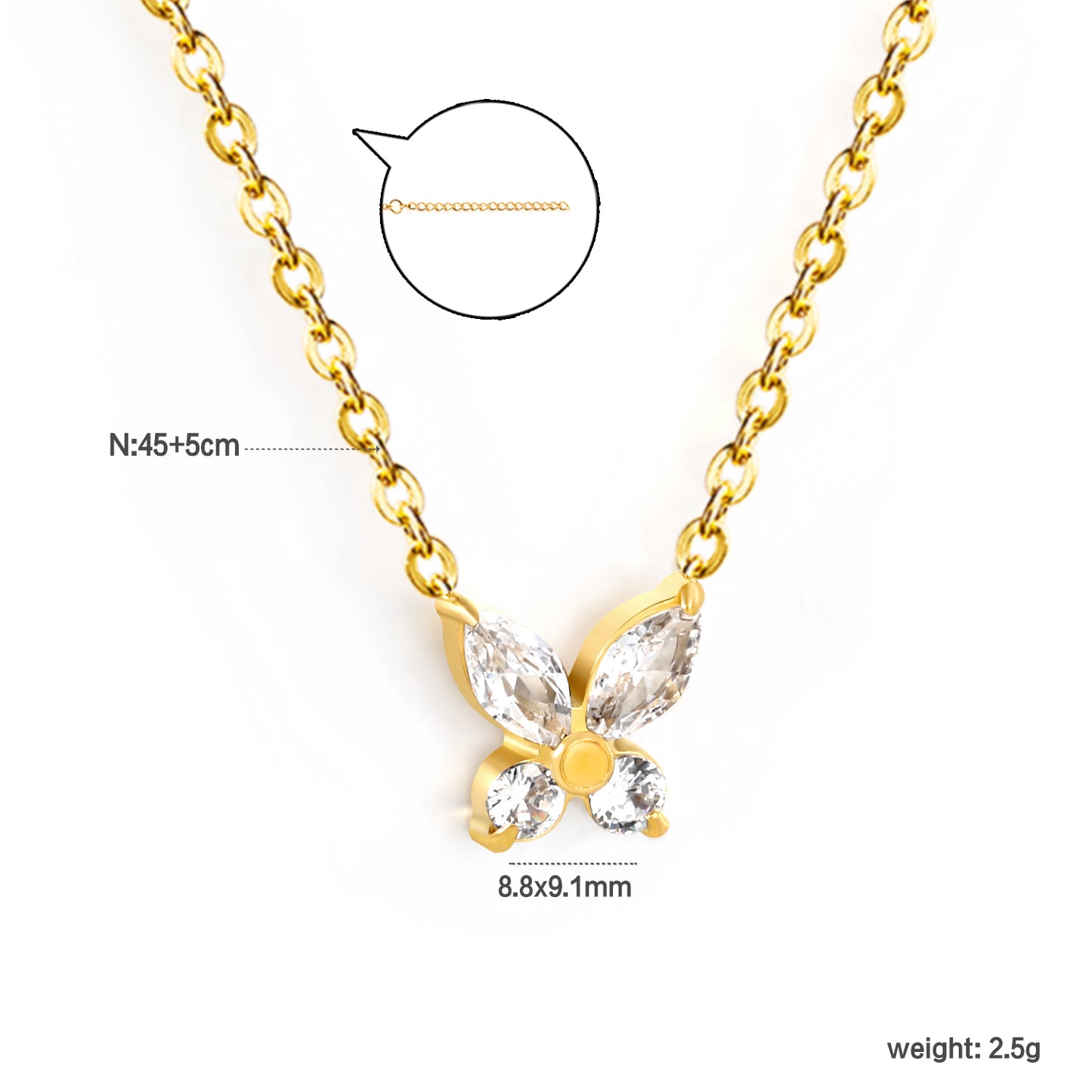 45+5cm Stainless Steel Necklace 8.8*9.1mm Dainty Zircon Butterfly Charm for Women Wholesale