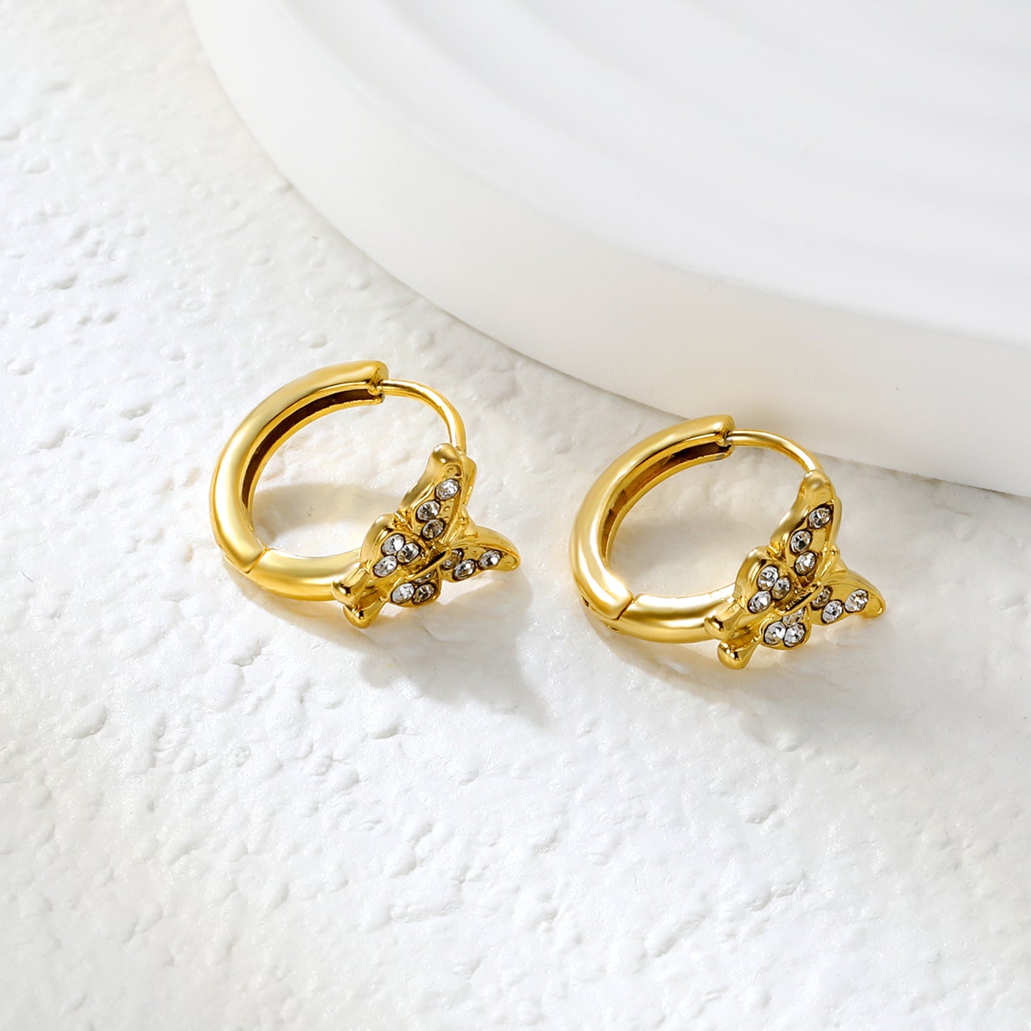 Wholesale Nature-Inspired Earrings – Butterfly & Bee Designs with White Zircon/Czech Glass (Gold Stainless Steel, 2.2mm French Hook)