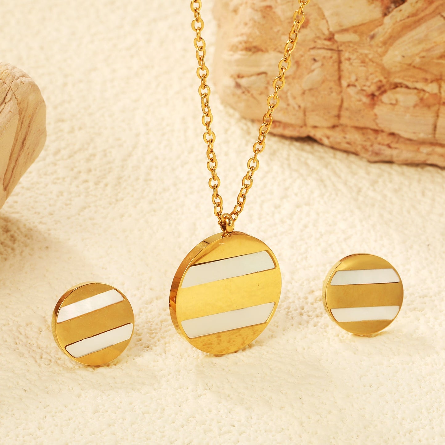 Round Sticky White Shell Set Steel/Gold Earrings:12mm Pendant:18mm 04Cross45+5cm+6mm Round Plate