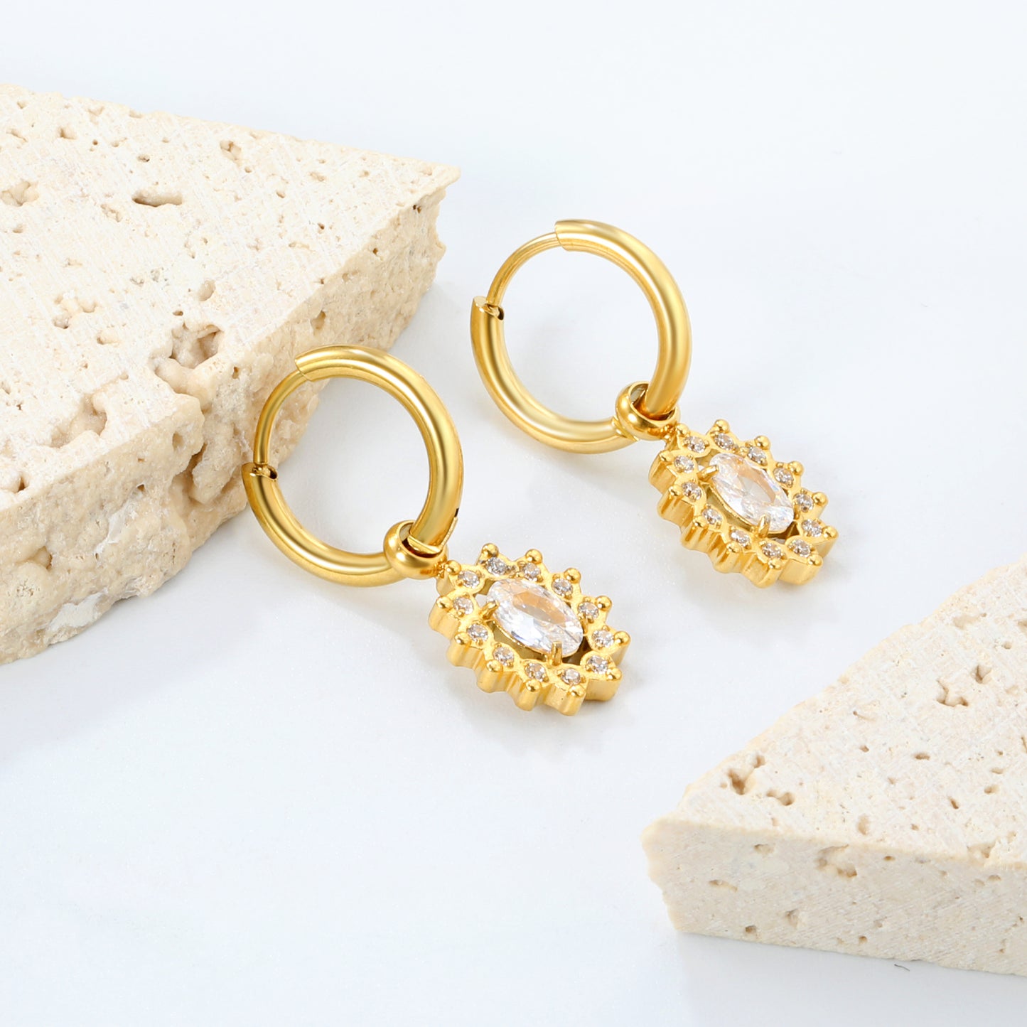 2*14.1mm PVD 18k gold earrings + 10.2*12mm white zirconium orbicular shaped earrings gold color