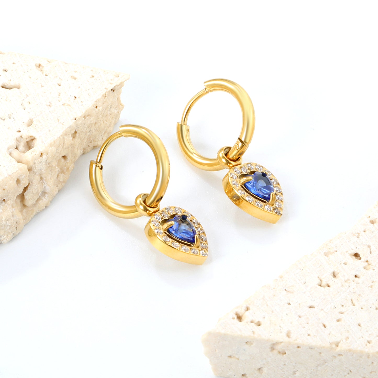 2*14mm Stainless Steel PVD 18k gold/Steel Earrings + 9.6*10.2mm blue zirconium heart shaped earrings gold color