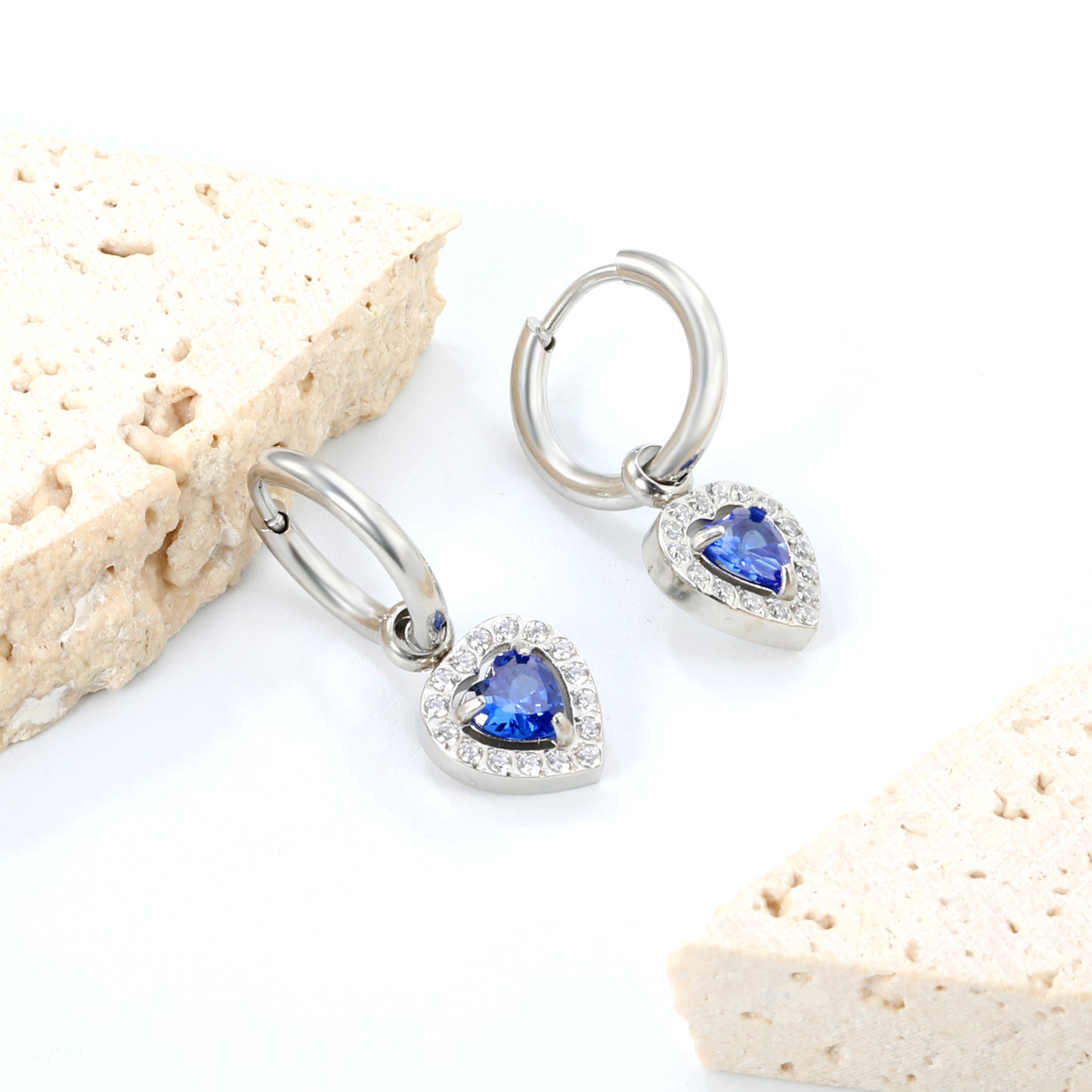 2*14mm Stainless Steel PVD 18k gold/Steel Earrings + 9.6*10.2mm blue zirconium heart shaped earrings gold color