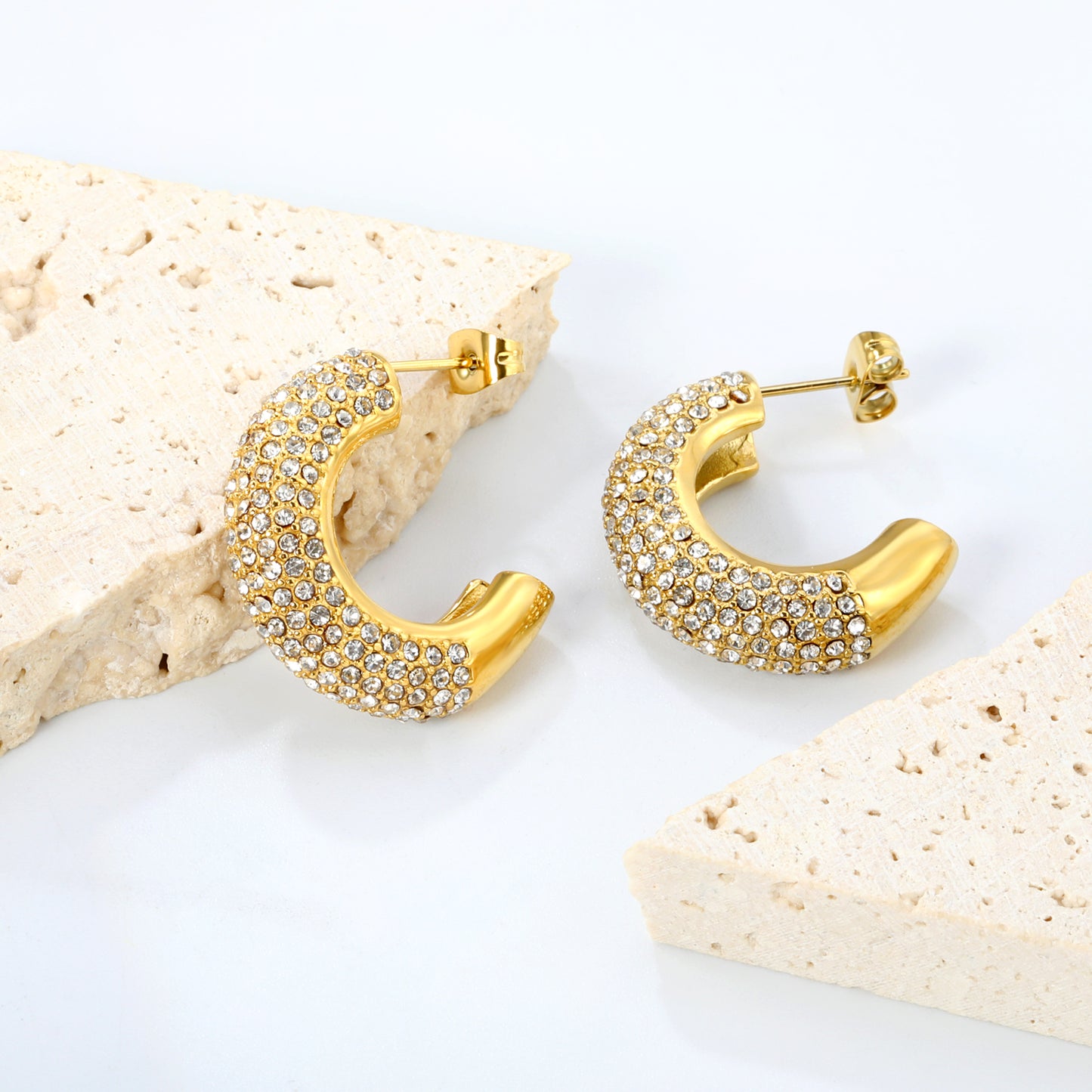 7.7*25mm C Shape Hoop Earrings Piercing Women Gold Plated Copper Cubic Zirconia Jewelry