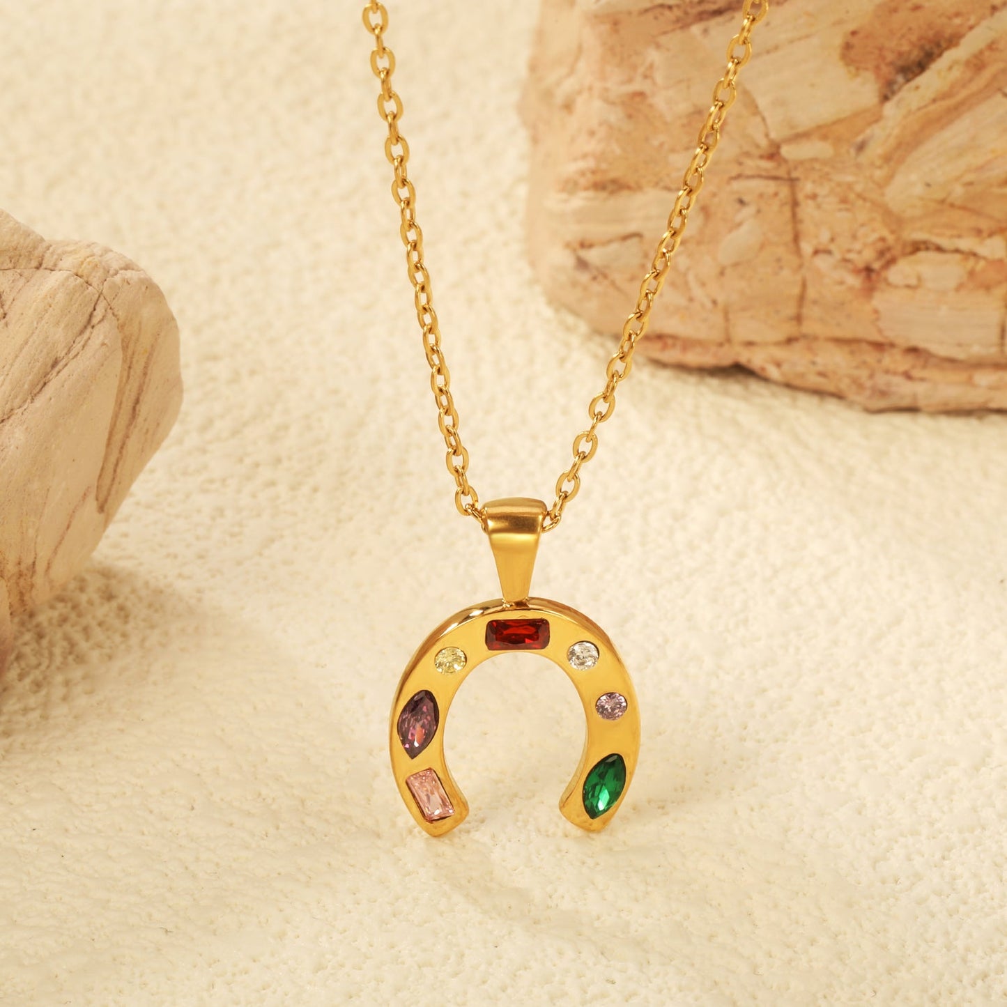 16.8*19mm Horseshoe with Mixed Color Zirconium Pendant 40+5cm+6mm Round Necklace Steel/Golden