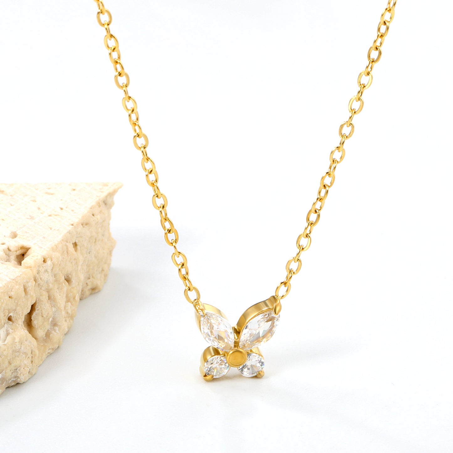 45+5cm Stainless Steel Necklace 8.8*9.1mm Dainty Zircon Butterfly Charm for Women Wholesale