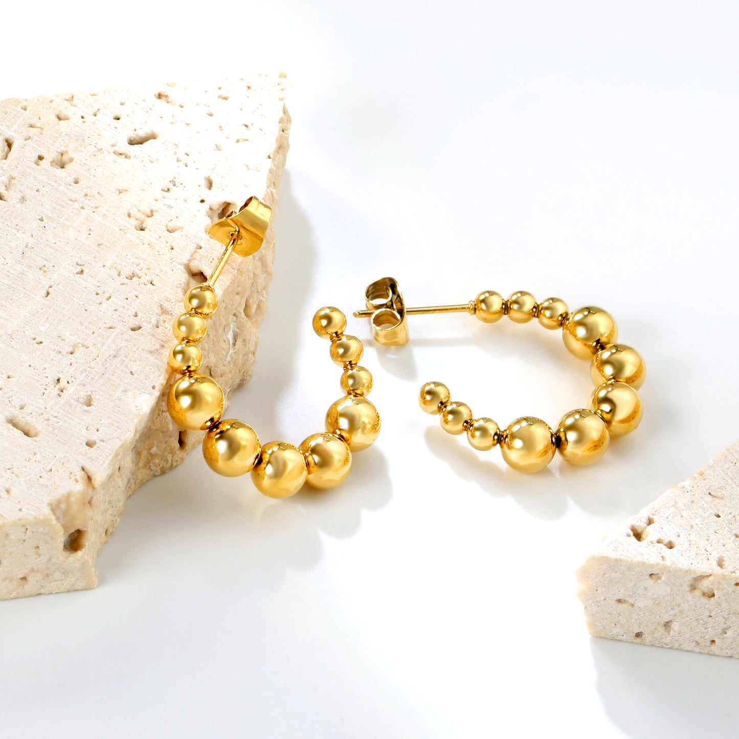 Wholesale Gold Stainless Steel Open Hoop Earrings | 5mm Half-Round Bead Detail | 14.1mm Spring Lever Back | Bulk Fashion Earrings for Retailers