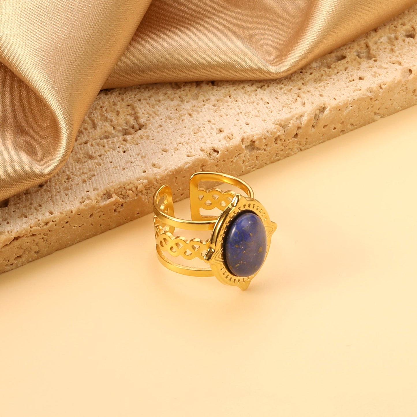 Open Oval Band with Blue Natural Stone Ring