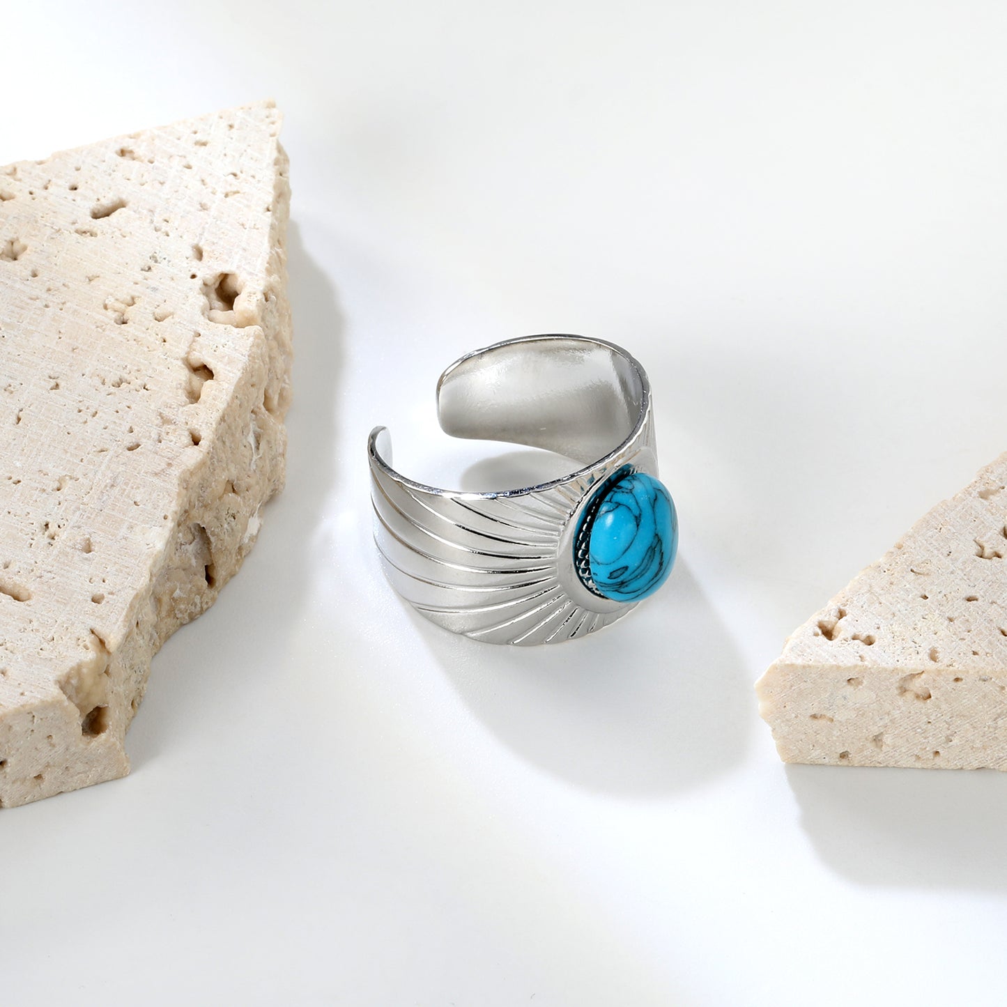 Stainless Steel Blue Turquoise Open Rings in Steel Color - 14.2mm Height, Wholesale Offer