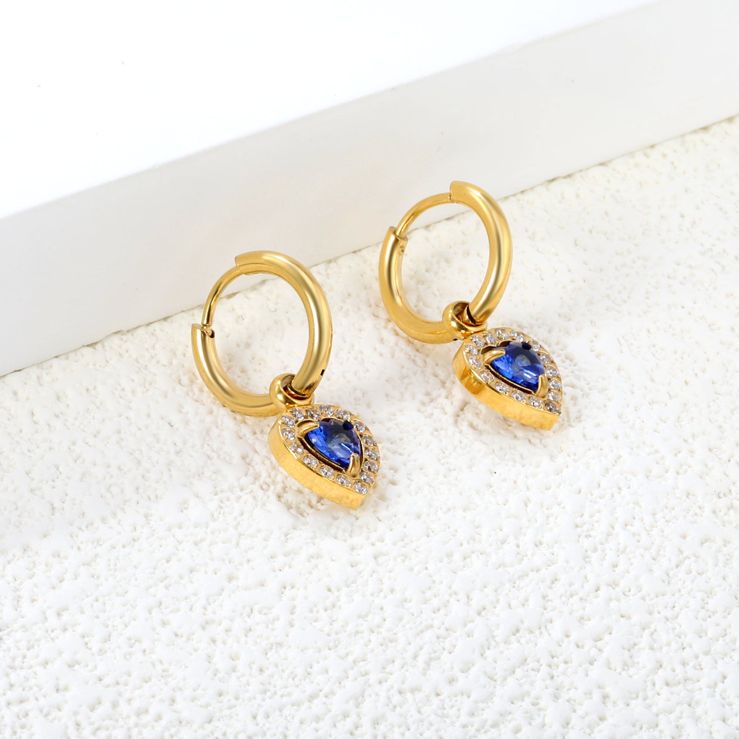 2*14mm Stainless Steel PVD 18k gold/Steel Earrings + 9.6*10.2mm blue zirconium heart shaped earrings gold color