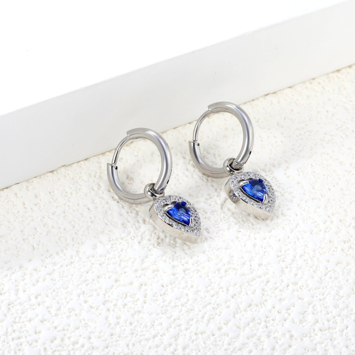 2*14mm Stainless Steel PVD 18k gold/Steel Earrings + 9.6*10.2mm blue zirconium heart shaped earrings gold color