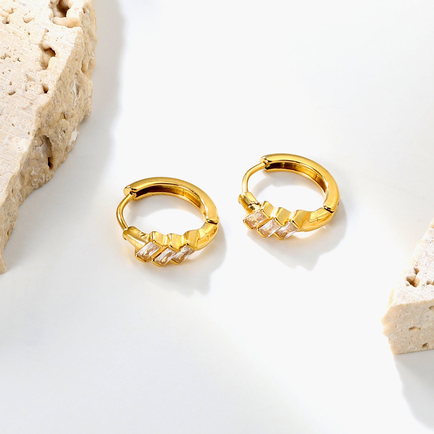 Bulk 4.2x8mm Three Angled Square Zircon Earrings | 2.2mm 10mm Inner Diameter Hook | Gold Plated Stainless Steel Fashion Jewelry