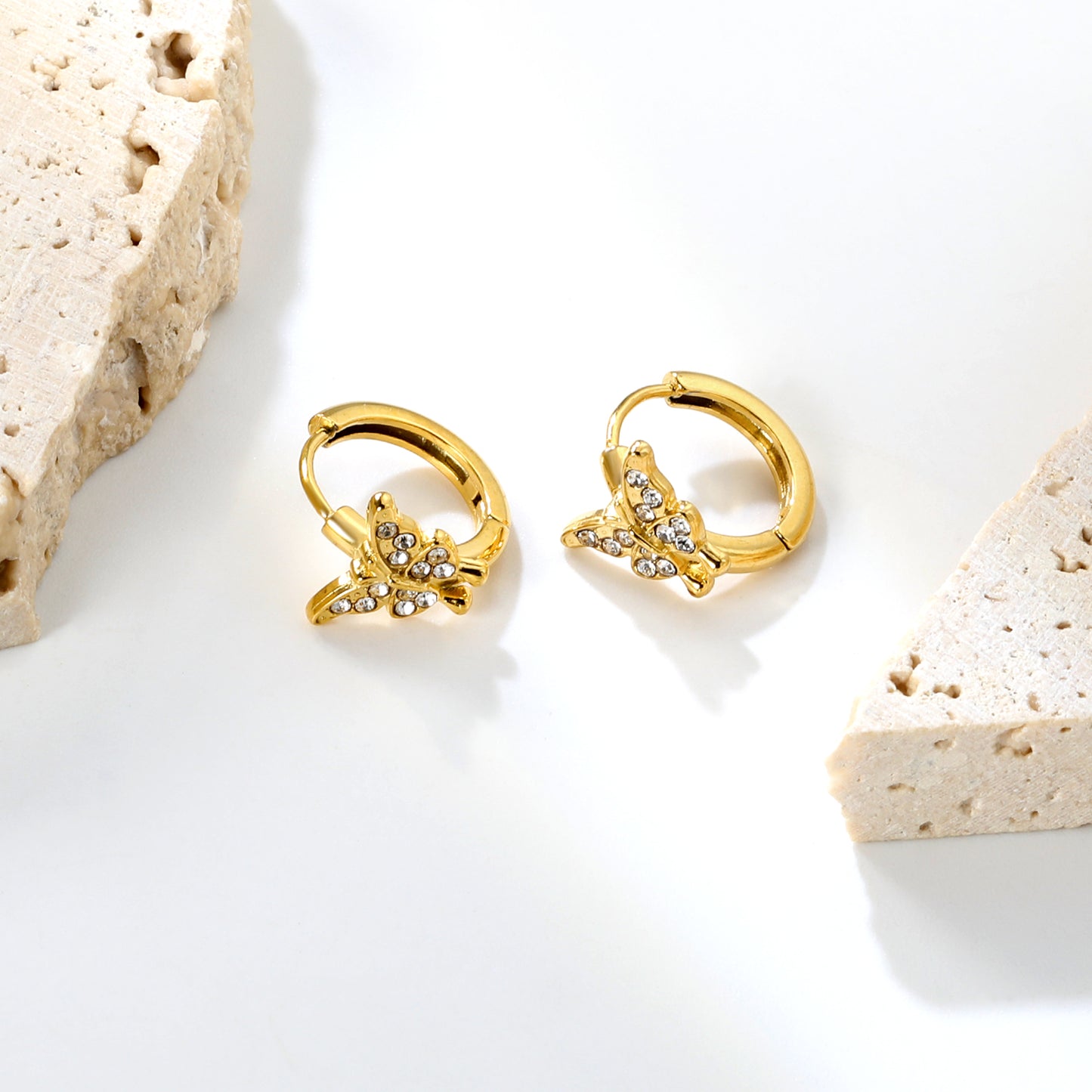 Wholesale Nature-Inspired Earrings – Butterfly & Bee Designs with White Zircon/Czech Glass (Gold Stainless Steel, 2.2mm French Hook)