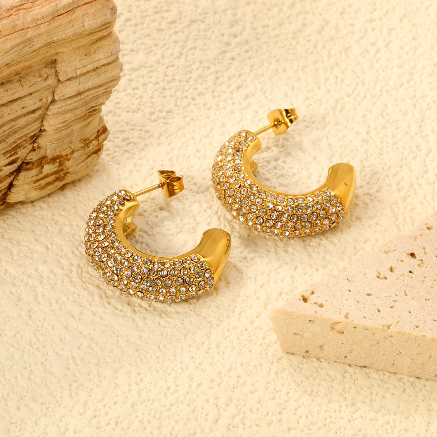 7.7*25mm C Shape Hoop Earrings Piercing Women Gold Plated Copper Cubic Zirconia Jewelry