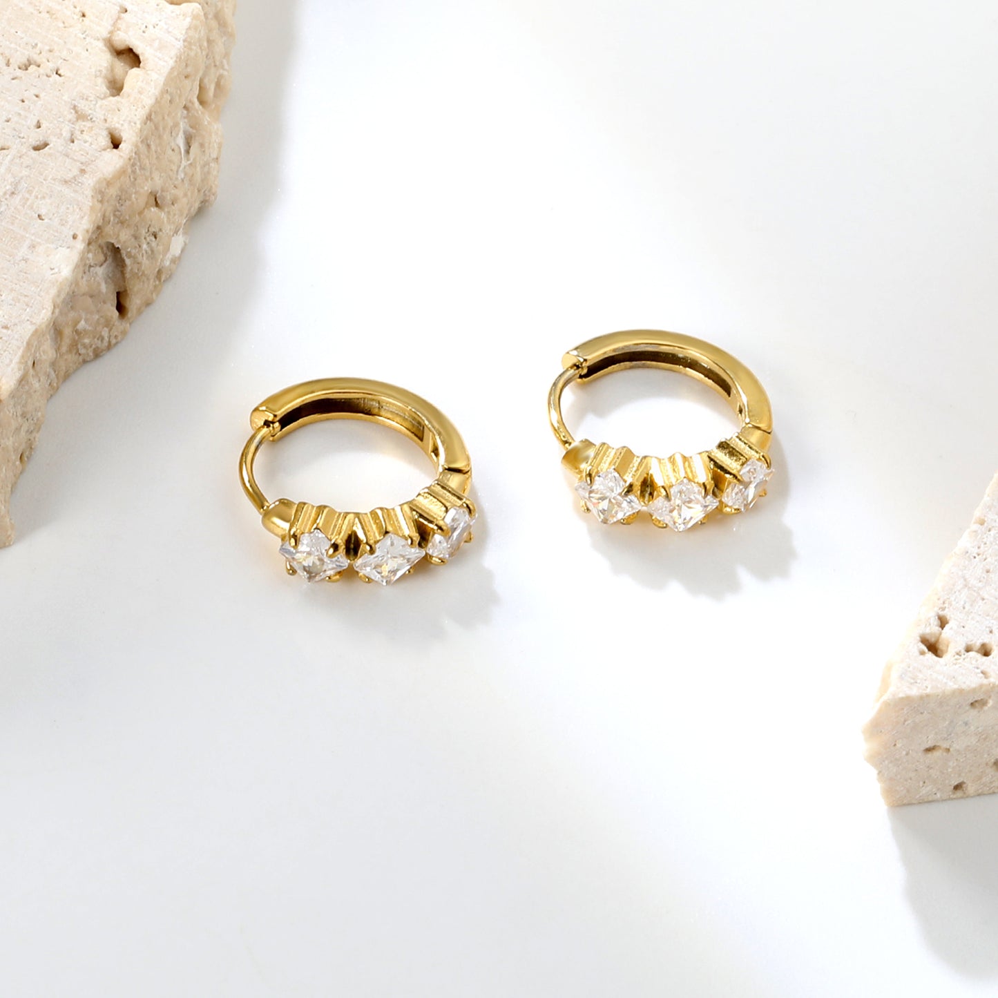 Bulk 4.2x8mm Three Angled Square Zircon Earrings | 2.2mm 10mm Inner Diameter Hook | Gold Plated Stainless Steel Fashion Jewelry