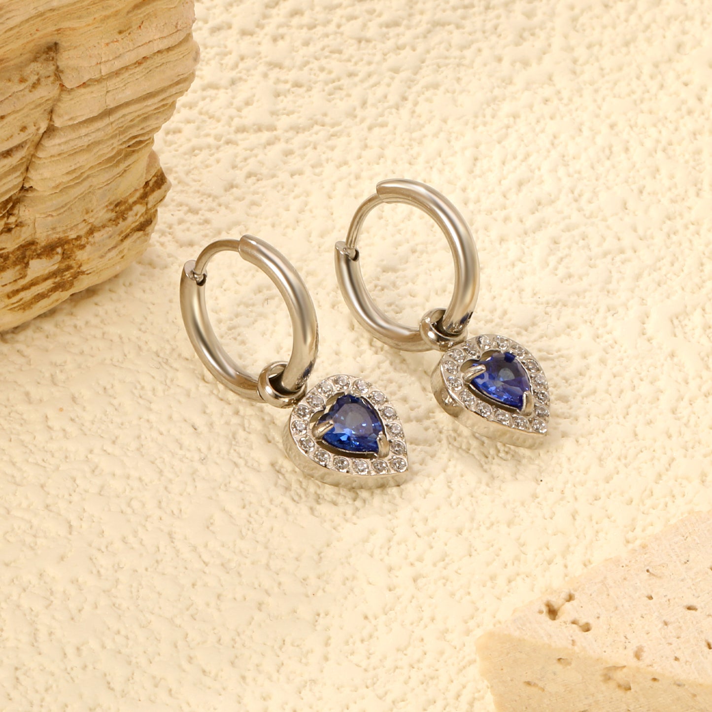 2*14mm Stainless Steel PVD 18k gold/Steel Earrings + 9.6*10.2mm blue zirconium heart shaped earrings gold color