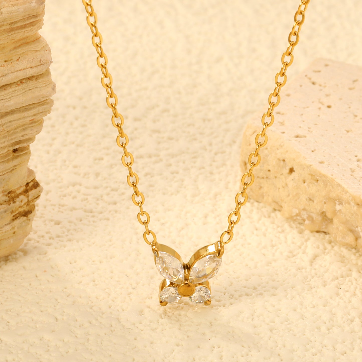 45+5cm Stainless Steel Necklace 8.8*9.1mm Dainty Zircon Butterfly Charm for Women Wholesale