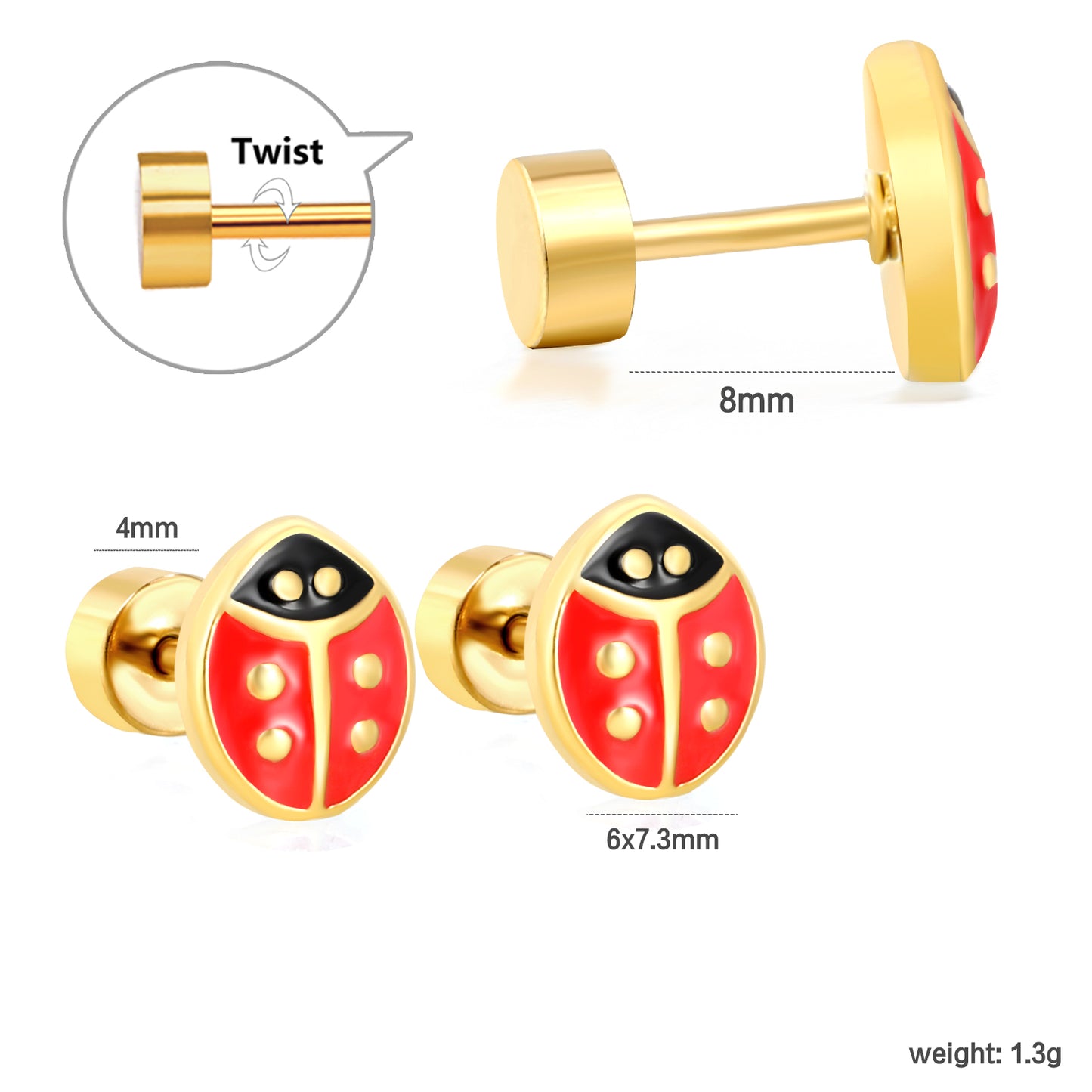 6*7.3mm Kids enamel drip oil Jewelry Red Ladybug Screw Back Earrings Lovely