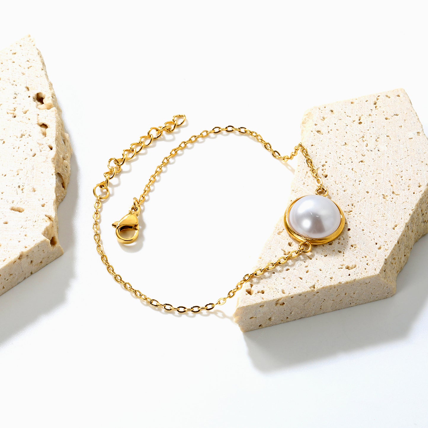 Stainless Steel Steel-Colored 12mm&14mm Round Bracelets with Half Pearl - 16+3cm, Wholesale Offer