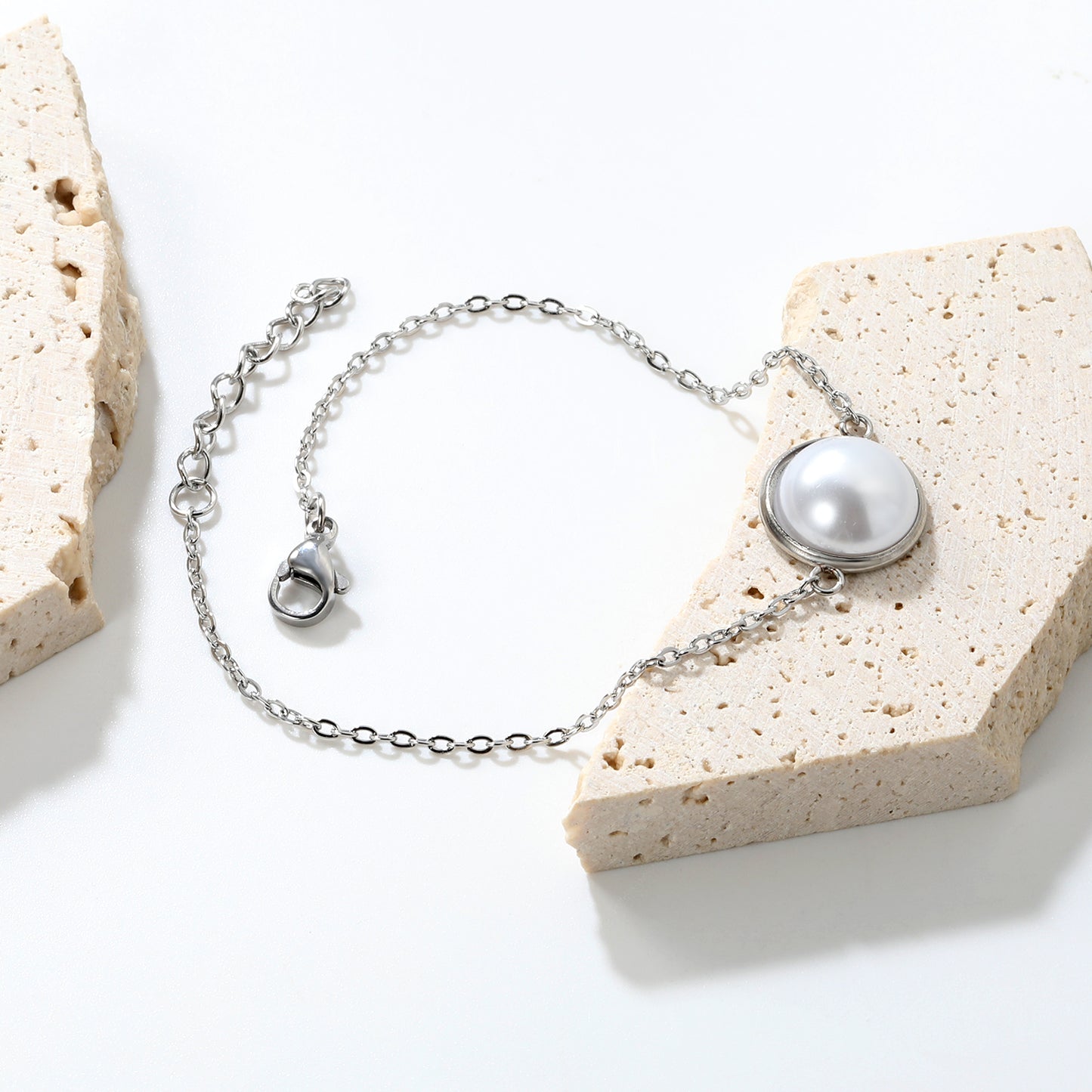 Stainless Steel Steel-Colored 12mm&14mm Round Bracelets with Half Pearl - 16+3cm, Wholesale Offer
