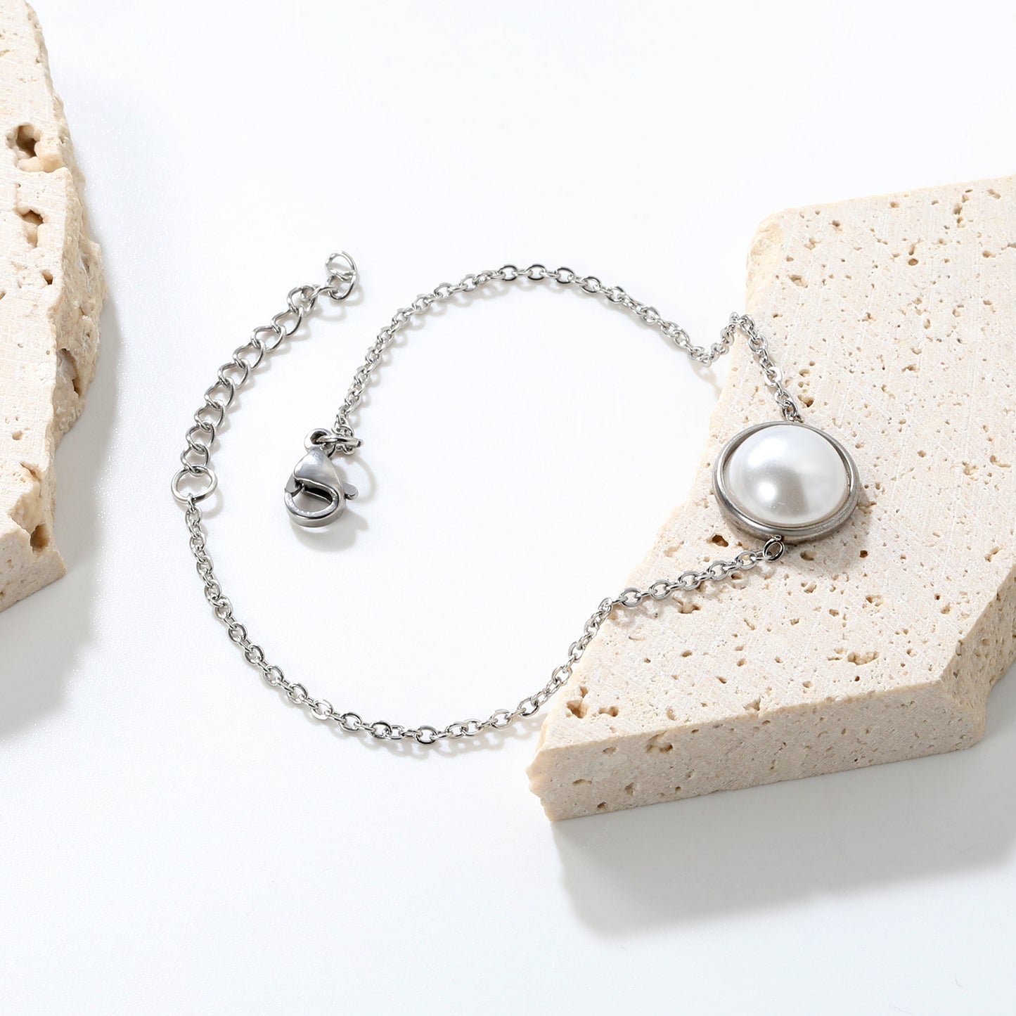 Stainless Steel Steel-Colored 12mm&14mm Round Bracelets with Half Pearl - 16+3cm, Wholesale Offer