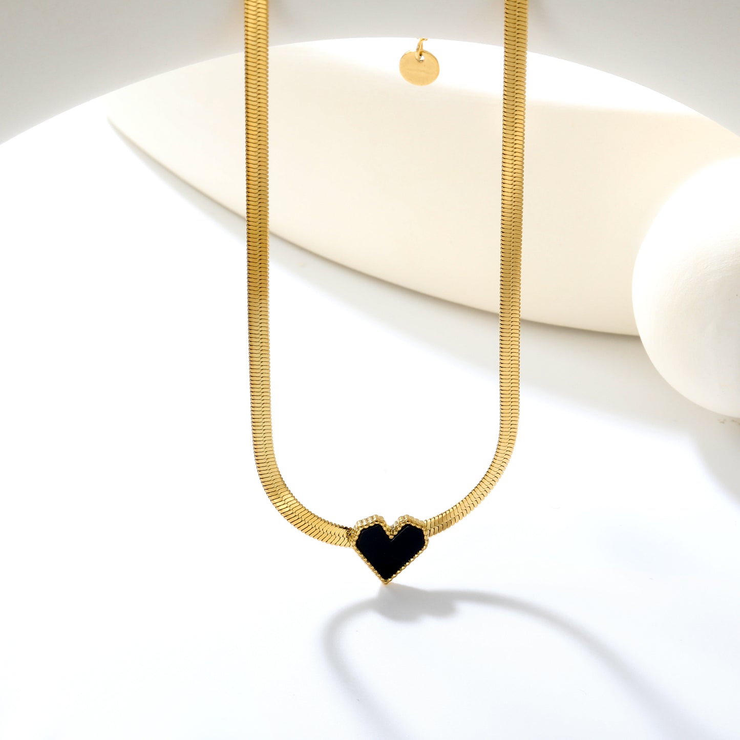 ✨ Wholesale Gold Necklace Set - 5.9mm White Zircon & 11.5x10.6mm Black Heart Pendants | 3.2mm/3.3mm Blade Chains 40+5cm