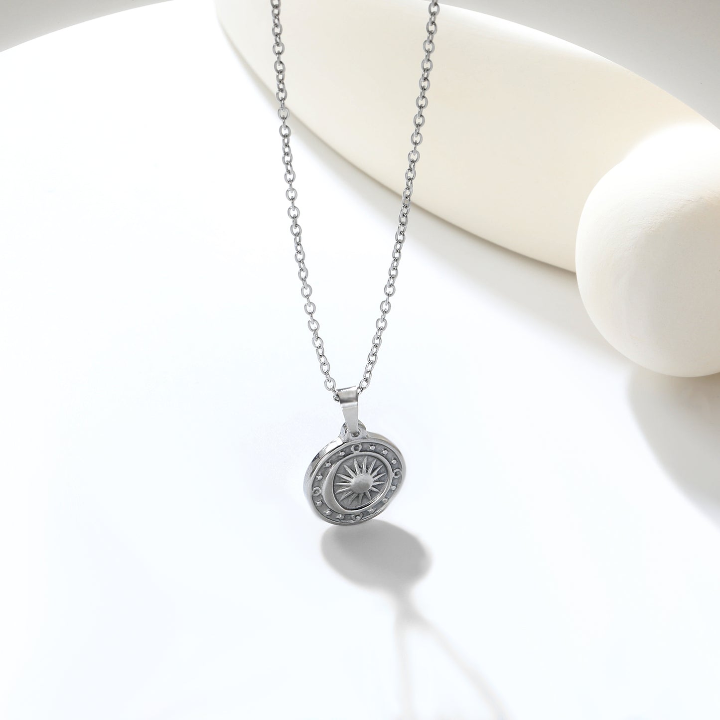 ⨠Wholesale Sun Moon Star Compass Pendant Necklace - 15.4mm Stainless Steel w/ 45+5cm Chain (5.5g)