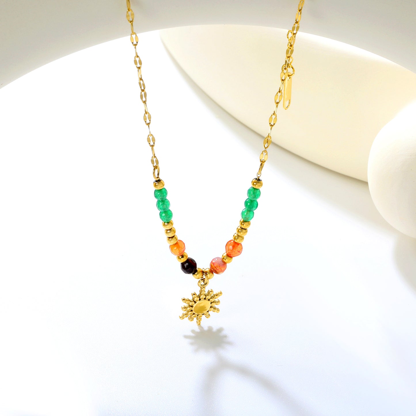 ✨ Boho Beaded Necklace Wholesale 11.2mm Sun Charm + 3mm Spacers | Adjustable 40+5cm Chain | Natural Stone Jewelry
