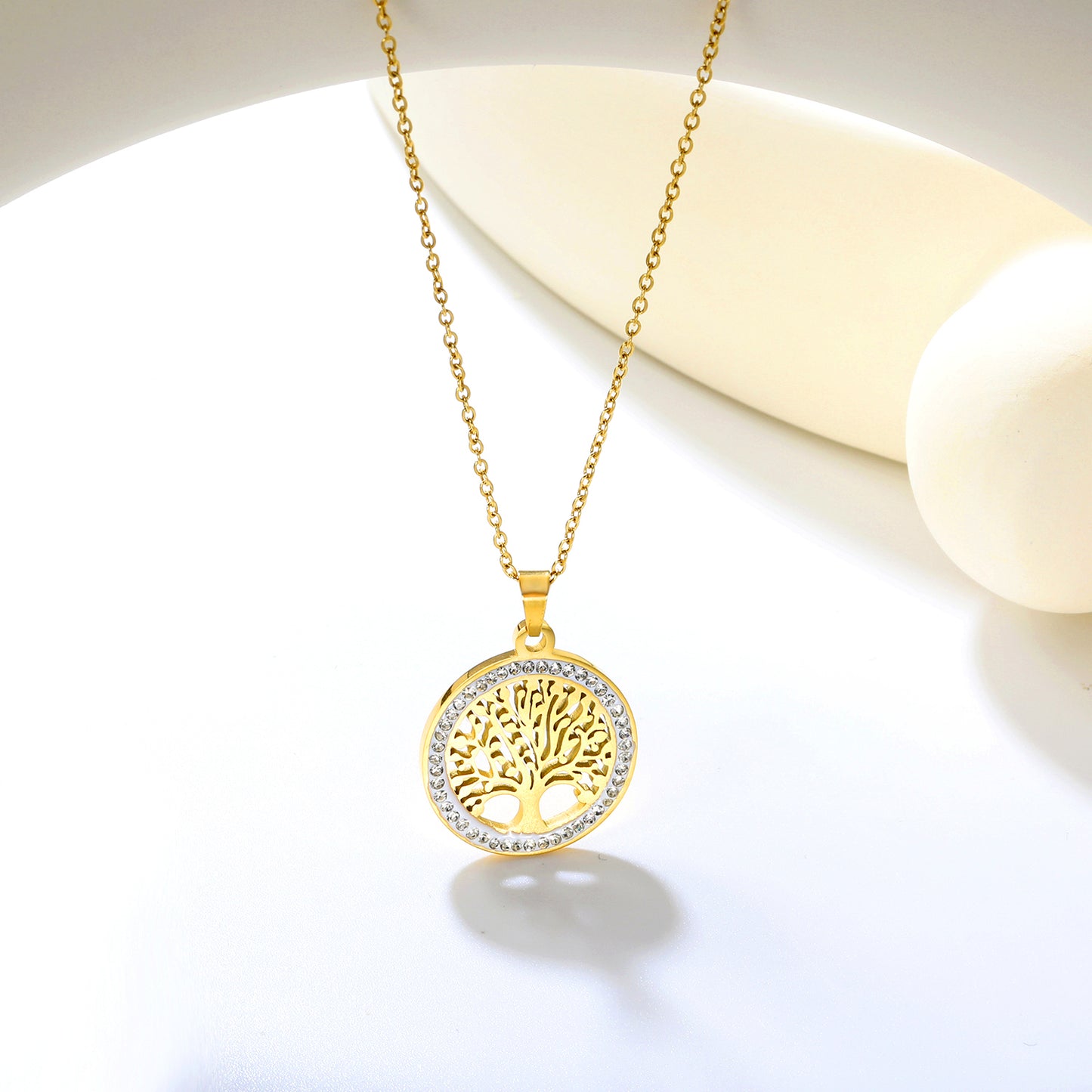✨ Wholesale Tree of Life Pendant Necklace - 21.9mm Hollow Circle w/ White Zircon | 40+5cm Stainless Steel Chain (5g)