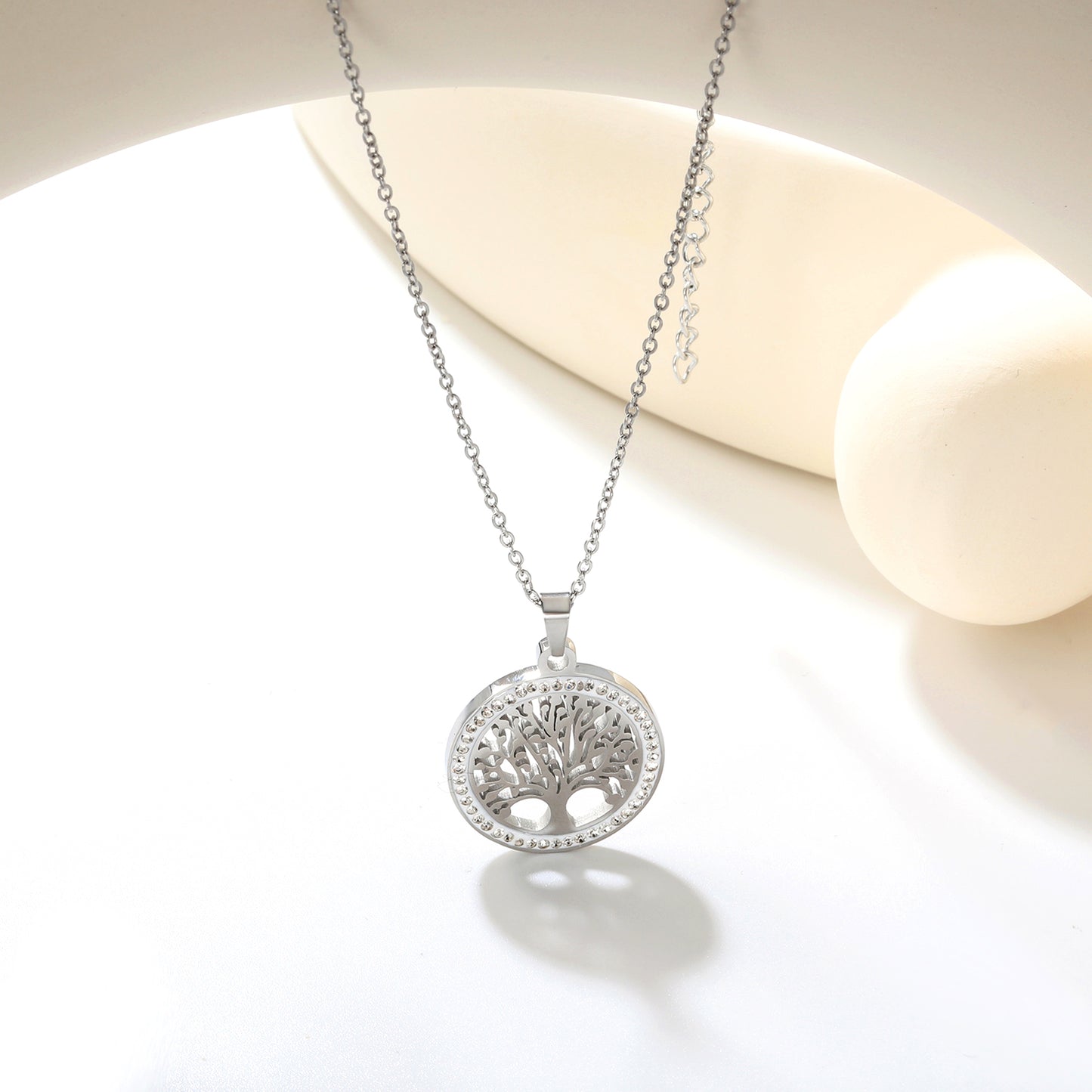 ✨ Wholesale Tree of Life Pendant Necklace - 21.9mm Hollow Circle w/ White Zircon | 40+5cm Stainless Steel Chain (5g)