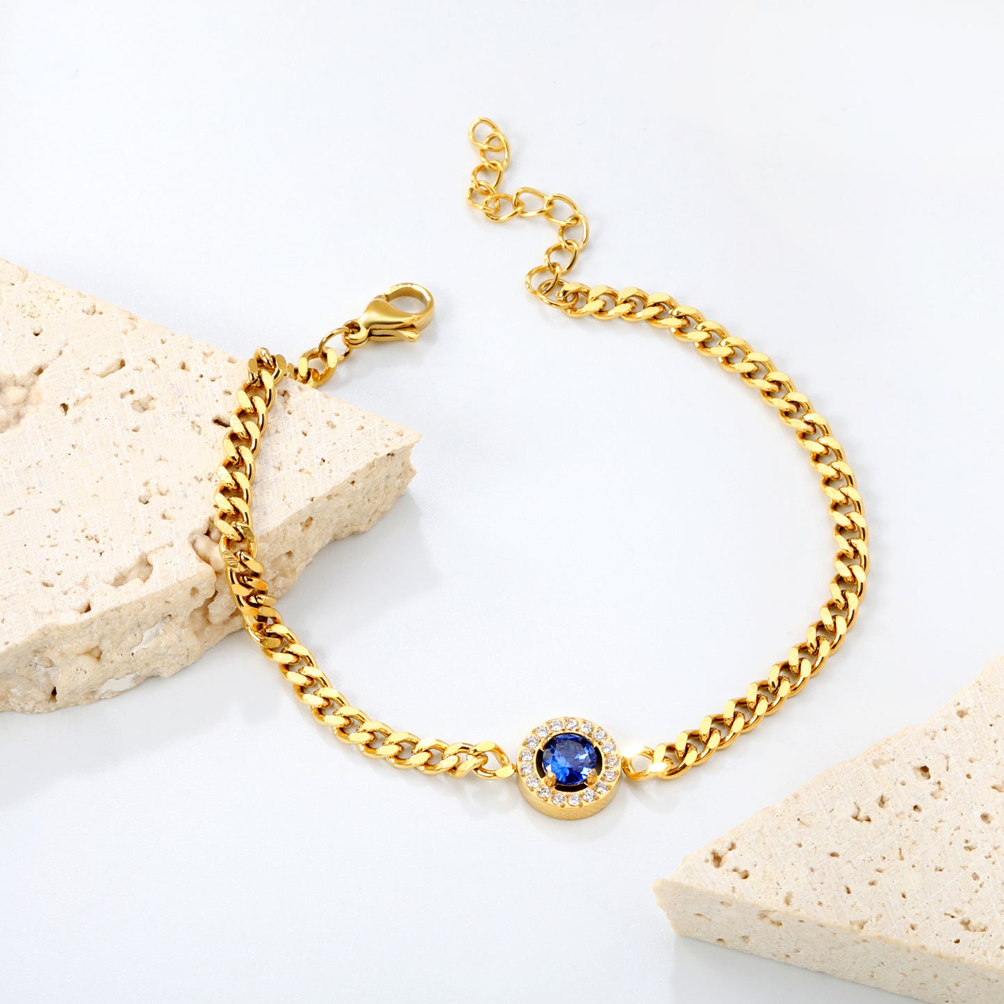 18K Gold Plated 17+3cm Chain 9.6mm Blue Zircon Necklace Bracelet Stainless Steel Fine Fashion Jewelry for wholesale fashion jewelry
