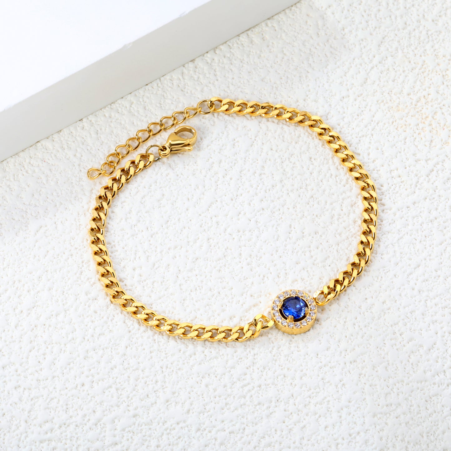 18K Gold Plated 17+3cm Chain 9.6mm Blue Zircon Necklace Bracelet Stainless Steel Fine Fashion Jewelry for wholesale fashion jewelry