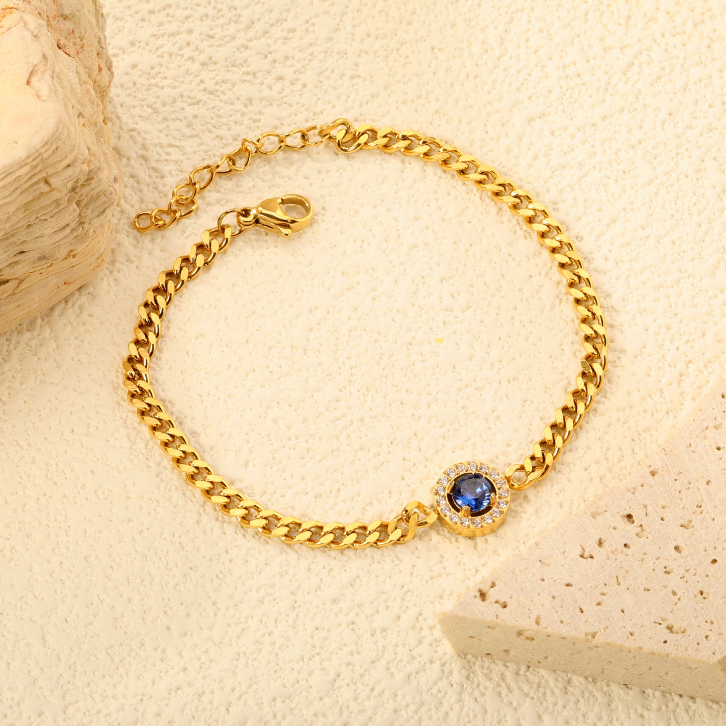18K Gold Plated 17+3cm Chain 9.6mm Blue Zircon Necklace Bracelet Stainless Steel Fine Fashion Jewelry for wholesale fashion jewelry