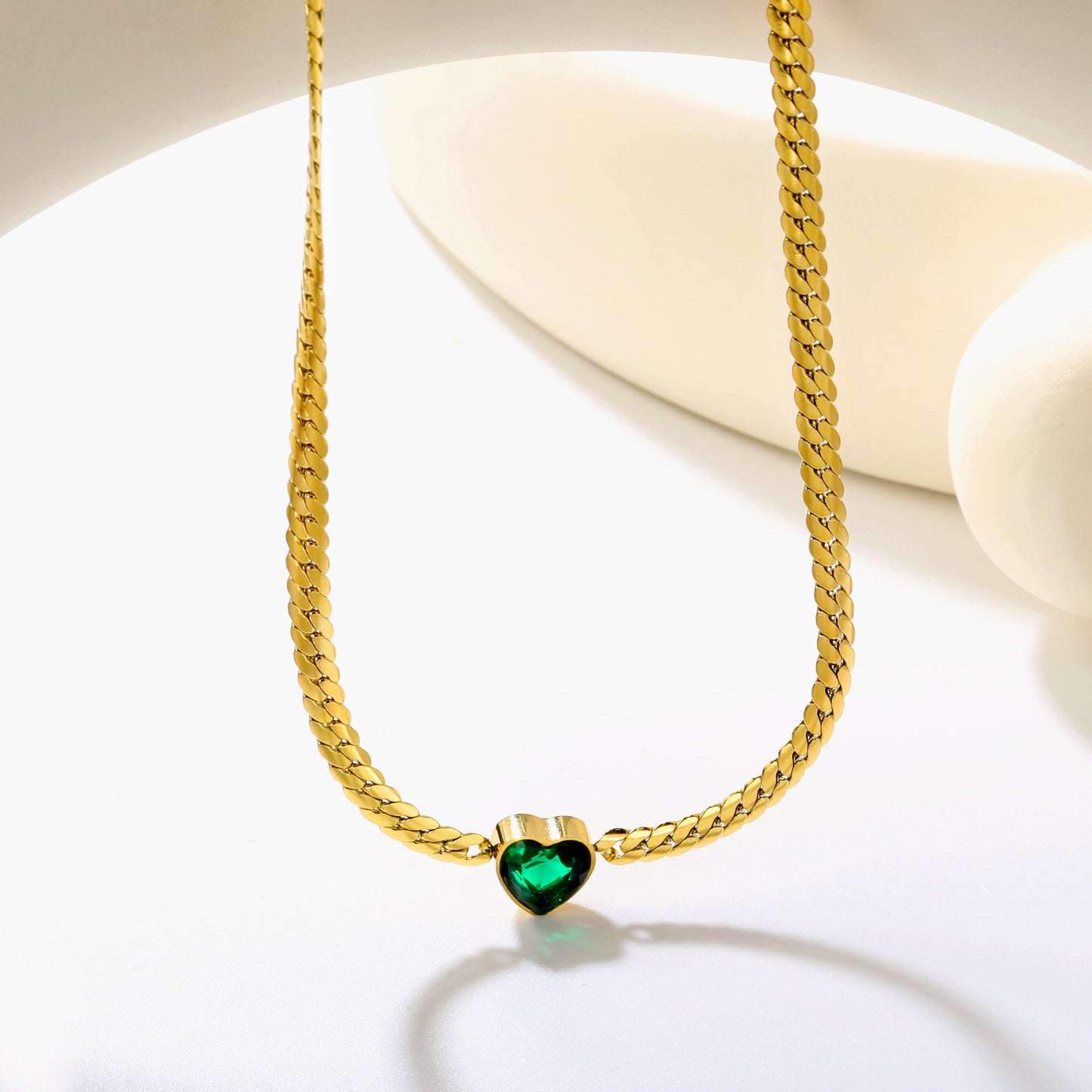 ✨ Wholesale Gold Love Necklace Set - 12.2mm White Zircon & 9.5mm Green Zircon Heart Pendants | 4mm Dragon Chains 40+5cm (11.2g)